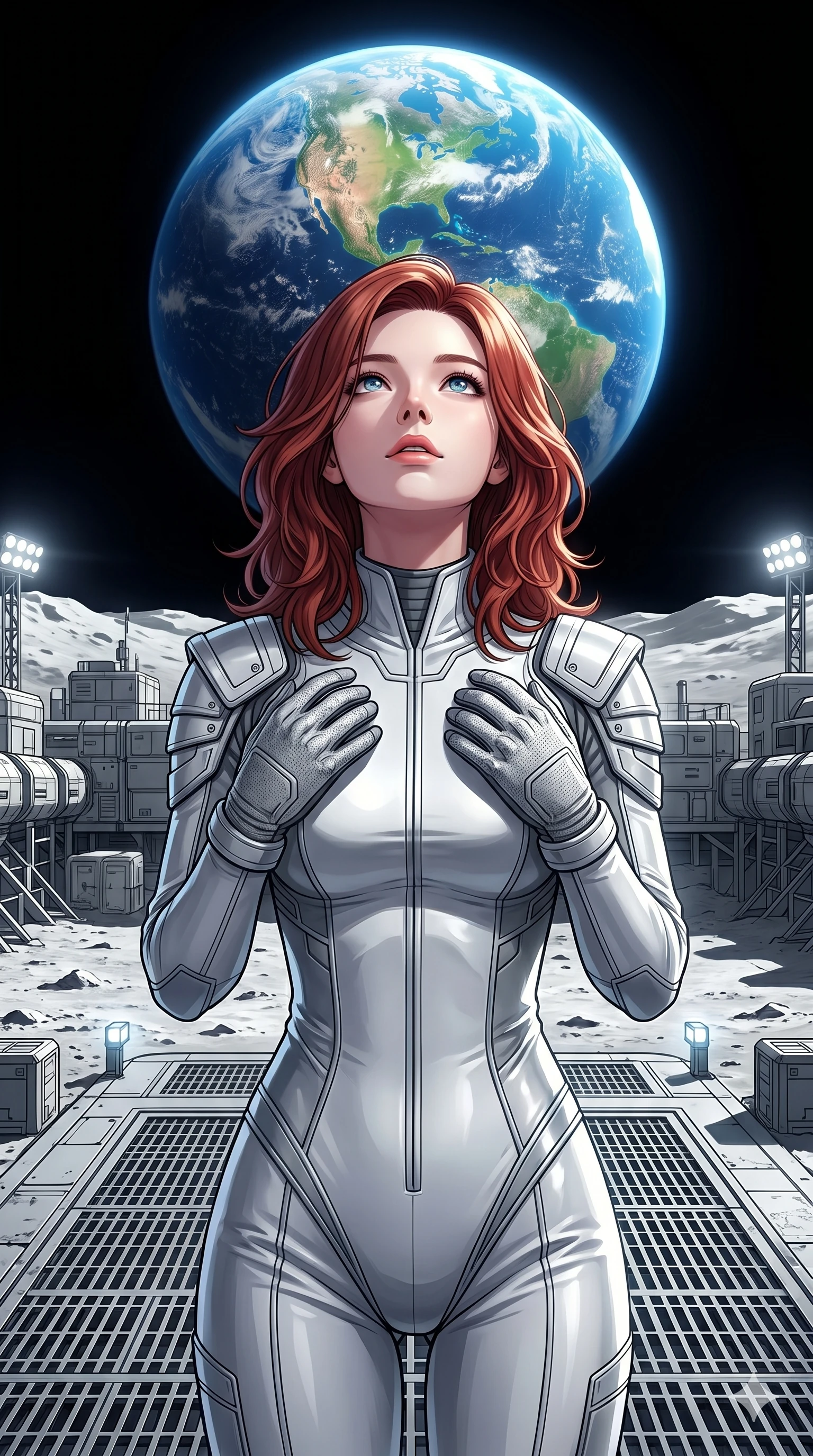 score_9, masterpiece, best quality, ultra-detailed, high-budget anime keyframe, Korean woman. Upper body close-up from the thighs up, character filling the screen for maximum presence. Standing on the landing pad of a moon base, under a black sky, looking up at the Earth with an awe-struck, serene expression. She is wearing a sleek white and silver tech-jumpsuit with structured shoulder panels. The scene is bathed in the bright white light reflected from the lunar soil. 2k, ultra detail, master piece, 9:16 ratio