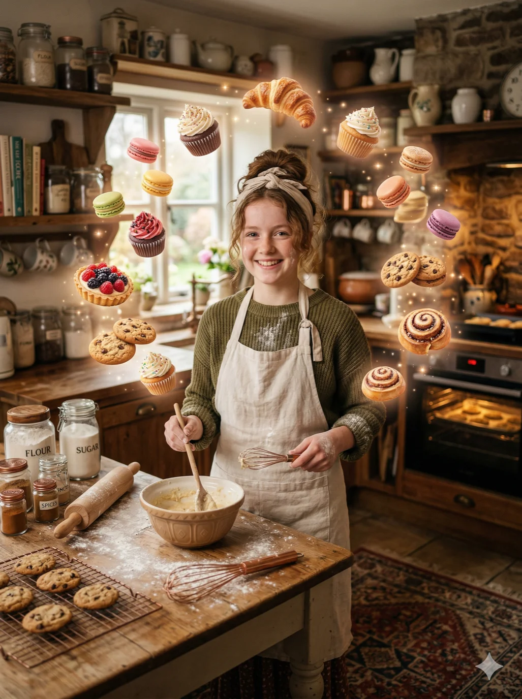 A cute baker girl in a cozy kitchen, surrounded by magical floating pastries, 2k, ultra detail, master piece, 3:4 ratio