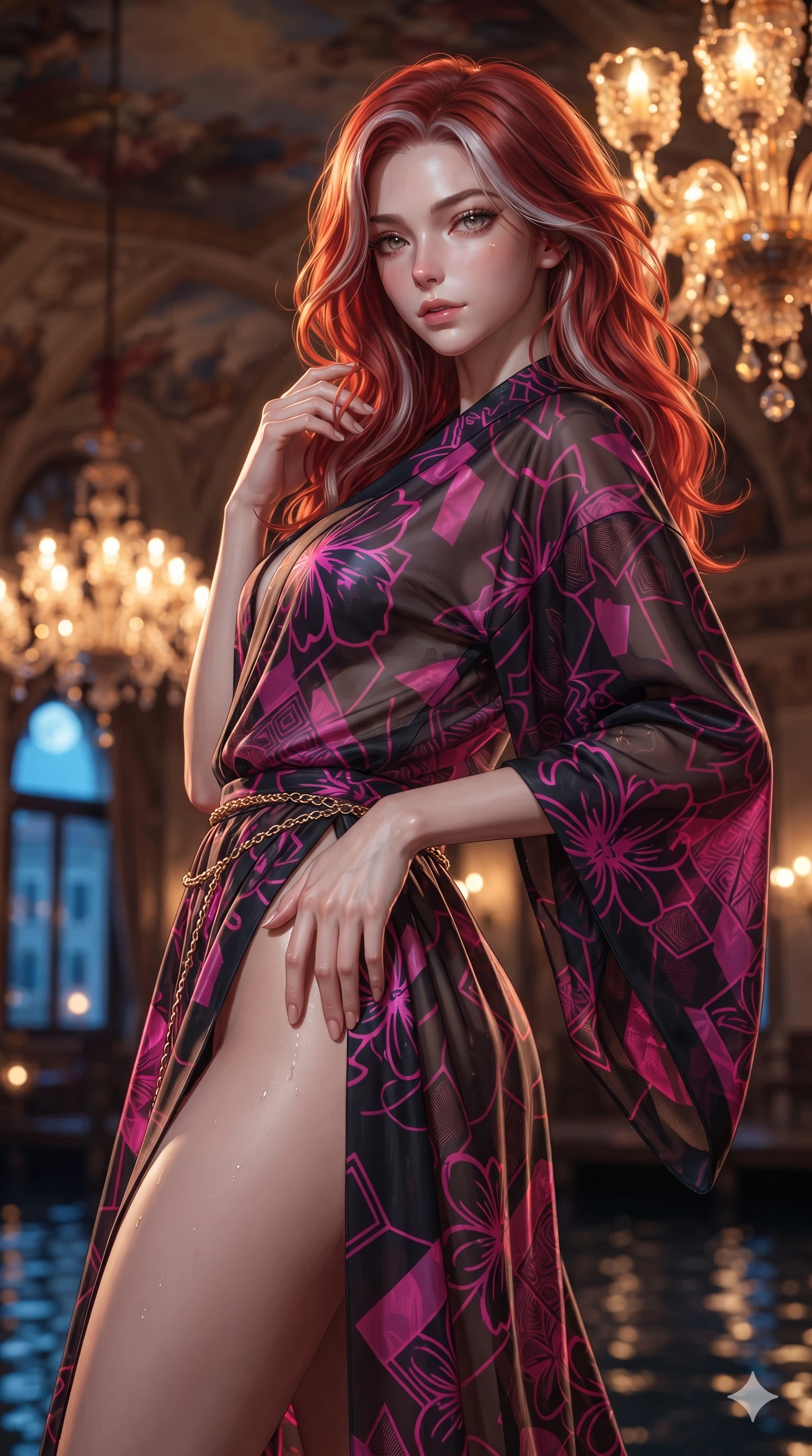 score_9, masterpiece, best quality, ultra-detailed, high-budget anime keyframe, editorial fashion photography, tasteful artistic composition, Caucasian woman. close-up cowboy shot from the waist and thighs up, the character dominates the composition, filling the frame with her large presence. arching her spine backward with effortless dancer poise, one hand sliding along her hip line as directional light carves specular highlights along her silhouette while twisting her slender torso in an alluring contrapposto, sparkling chandelier prisms and moonlight tracing her flat midriff and hourglass curves. The background shows a soft-focus massive multi-tiered hand-blown Murano glass chandeliers, frescoed vaulted ceilings, and midnight canal waters blurred into ruby, amber, and deep sapphire bokeh. She has an exceptionally elegant, slender, and willowy female figure with an ultra-slim waist, flat toned midriff, narrow ribcage, and sculpted feminine hips creating an alluring, slim hourglass silhouette without bulk. sharp v-shaped jawline, high-bridge nose, intricate jewel-like sparkling eyes with depth, thick eyelashes, glossy parted lips with a natural sheen, intensely captivating and seductive bedroom-eyes expression, exuding both youthful cute charm and sovereign luxury allure, flawlessly proportioned anatomical accuracy, strict slender model proportions, natural body alignment, perfectly sculpted long slender limbs, ultra-slim waistline, clean dynamic posture without body distortion. wearing a delicate semi-translucent silk yukata that clings to her wet skin and curvy hip contours in black lacquer and vibrant magenta neon, tailored from heavy double-faced silk georgette with an exceptionally fluid drape, accented with a delicate gold chain belt resting loosely on her curvy hips, the precision-cut side openings and low-back scoop framing her graceful spine and the sensual sweep of her slim, toned hips. bathed in the warm, sparkling amber-crystal brilliance of interior Murano chandeliers contrasting with cool midnight blue moonlight outside. ultra-reflective glossy finish, specular highlights, rich textural contrasts, high-contrast stereoscopic depth, volumetric dynamic lighting, 2k, ultra detail, master piece, 9:16 ratio