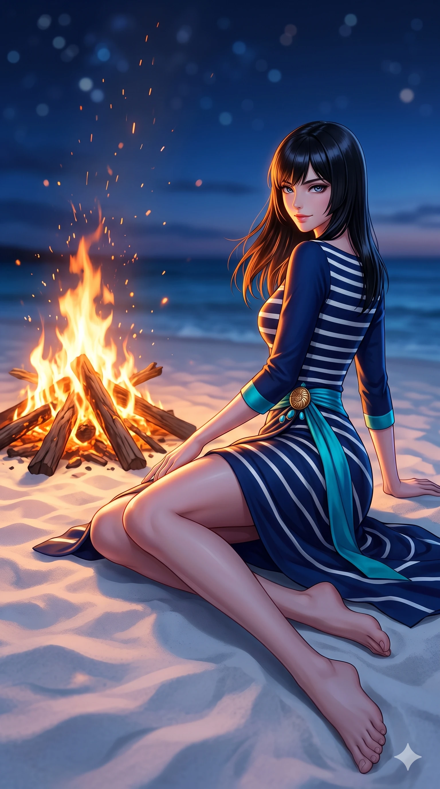 score_9, masterpiece, best quality, ultra-detailed, high-budget anime keyframe, semi-realistic 3D game render, editorial fashion photography, tasteful artistic composition, Caucasian woman. low angle full-body shot from head to toe showing her feet, filling the entire 9:16 vertical frame with her statuesque presence, stretching her vertical silhouette. executing a slow, graceful pivot turn as her silk wrap skirt sways around her slender legs, glancing back with an enchanting, teasing sensual expression while sitting gracefully on the soft white sand beside the crackling bonfire with one knee bent, arching her spine with supermodel elegance as sparks drift skyward. The background shows a soft-focus crackling driftwood fire sparks, glowing embers, and calm dark ocean waters under early twilight stars blurred into amber, gold, and sapphire bokeh. She has an absolutely perfect, statuesque 8.5-heads proportion, an exceptionally tall and slender model-like female figure with impossibly long slender legs, an ultra-slim waist, a flat toned midriff, narrow delicate ribcage, and beautifully sculpted feminine hips creating a graceful, slim hourglass silhouette without any bulky heaviness. sharp v-shaped jawline, high-bridge nose, sparkling eyes with hypnotic seductive depth, thick curled eyelashes, glossy parted lips with a natural dewy peach sheen, alluring bedroom-eyes with an enchanting coquettish smile, exuding magnetic siren charisma and sophisticated glamour, flawlessly proportioned anatomical accuracy, strict slender model proportions, natural body alignment, perfectly sculpted long slender limbs, ultra-slim waistline, clean dynamic posture without body distortion. wearing an aristocratic navy-and-white striped boat-neck shift dress with elegant bracelet sleeves in deep Capri grotto sapphire and glowing electric teal, tailored from heavy double-faced silk georgette with an exceptionally fluid drape, accented with an authentic engraved gold nautilus shell medallion and turquoise cabochons, the impeccably tailored cut draping gracefully along her slender figure with aristocratic resort poise. bathed in the dramatic dual contrast of warm dancing 2000K firelight on her front and cool deep indigo 5000K twilight on her back. highly saturated vibrant anime colors, detailed shading with soft gradients, rich glossy textures, high-contrast stereoscopic depth, volumetric dynamic lighting, master piece, 9:16 ratio