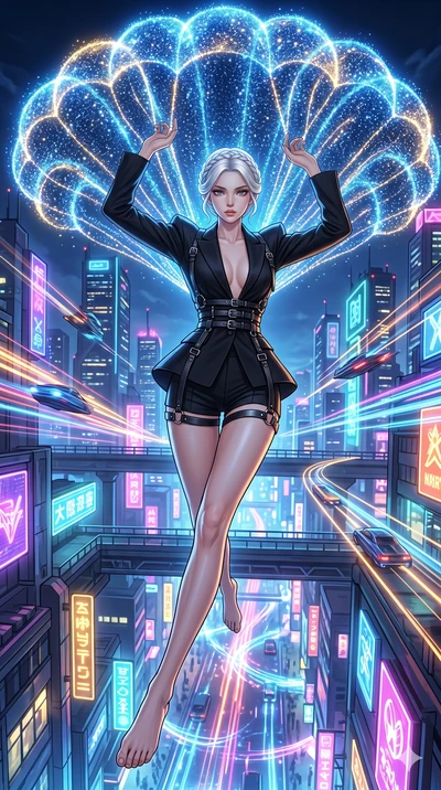 score_9, masterpiece, best quality, ultra-detailed, Set C: High-budget Anime Keyframe, Korean woman. Low angle cowboy shot filling the entire 9:16 frame with her statuesque presence. Leaping off a skyscraper with a parachute made of light particles i
