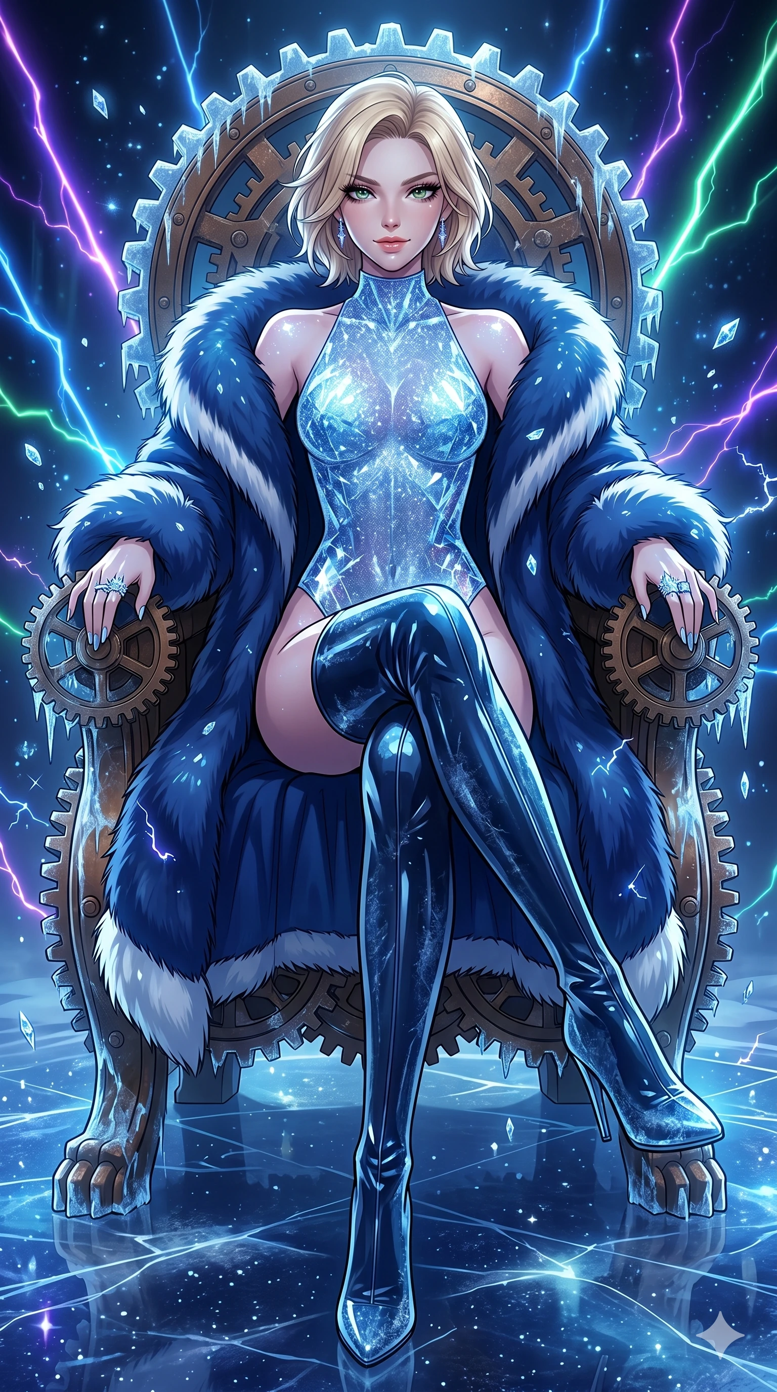 score_9, masterpiece, best quality, ultra-detailed, high-budget anime movie keyframe, cinematic anime lighting, intricate line art, Japanese woman. Upper body filling screen focusing on her alluring features and slim-fit silhouette. resting on a throne of gears in a frozen starlight ballroom with lightning lasers. She has an absolutely perfect 8-heads proportion, an exceptionally tall and slender female figure with an ultra-slim waist and impossibly long slender legs. sharp v-shaped jawline, high-bridge nose, intricate jewel-like eyes, thick eyelashes, glossy lips. Wearing seasonal winter-couture featuring a plush oversized faux-fur coat worn over a skin-tight crystalline leotard and thigh-high stiletto boots. The scene is illuminated by dramatic atmospheric lighting and vibrant color palettes. , 2k, ultra detail, master piece, 9:16 ratio
