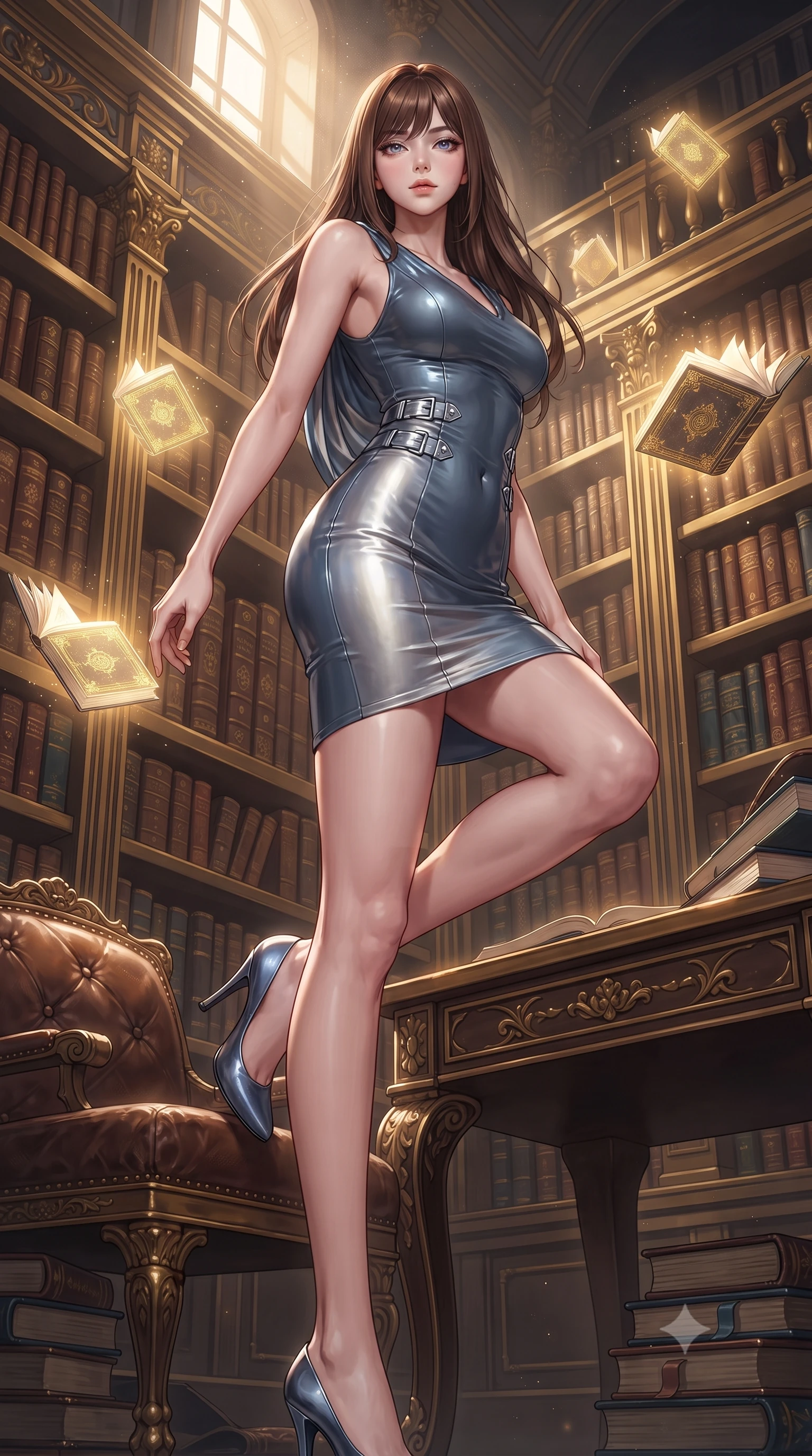 score_9, masterpiece, best quality, ultra-detailed, high-budget anime keyframe, editorial fashion photography, tasteful artistic composition, Korean woman. low angle full-body shot from head to toe showing her feet, filling the entire 9:16 vertical frame with her statuesque presence, stretching her vertical silhouette. forging dynamically through the scene, her vertical silhouette beautifully stretched resting against an ornate leather reading desk amidst glowing spell folios, thousands of antique leather-bound books stacked along majestic golden shelves. She has an absolutely perfect, statuesque 8.5-heads proportion, an exceptionally tall and slender model-like female figure with impossibly long slender legs and an ultra-slim waist. sharp v-shaped jawline, high-bridge nose, intricate jewel-like eyes with depth, thick eyelashes, glossy lips with a natural sheen. wearing a precision-fitted liquid jersey bodycon dress with a draped back in slate blue and metallic silver, tailored from high-gloss patent leather, detailed with polished silver buckles along the waistline, the form-contouring material highlighting her ultra-slim waist and long lines. bathed in warm dusty sunbeams and golden inner glow from floating pages. highly saturated vibrant anime colors, detailed shading with soft gradients, rich glossy textures, high-contrast stereoscopic depth, volumetric dynamic lighting, master piece, 9:16 ratio