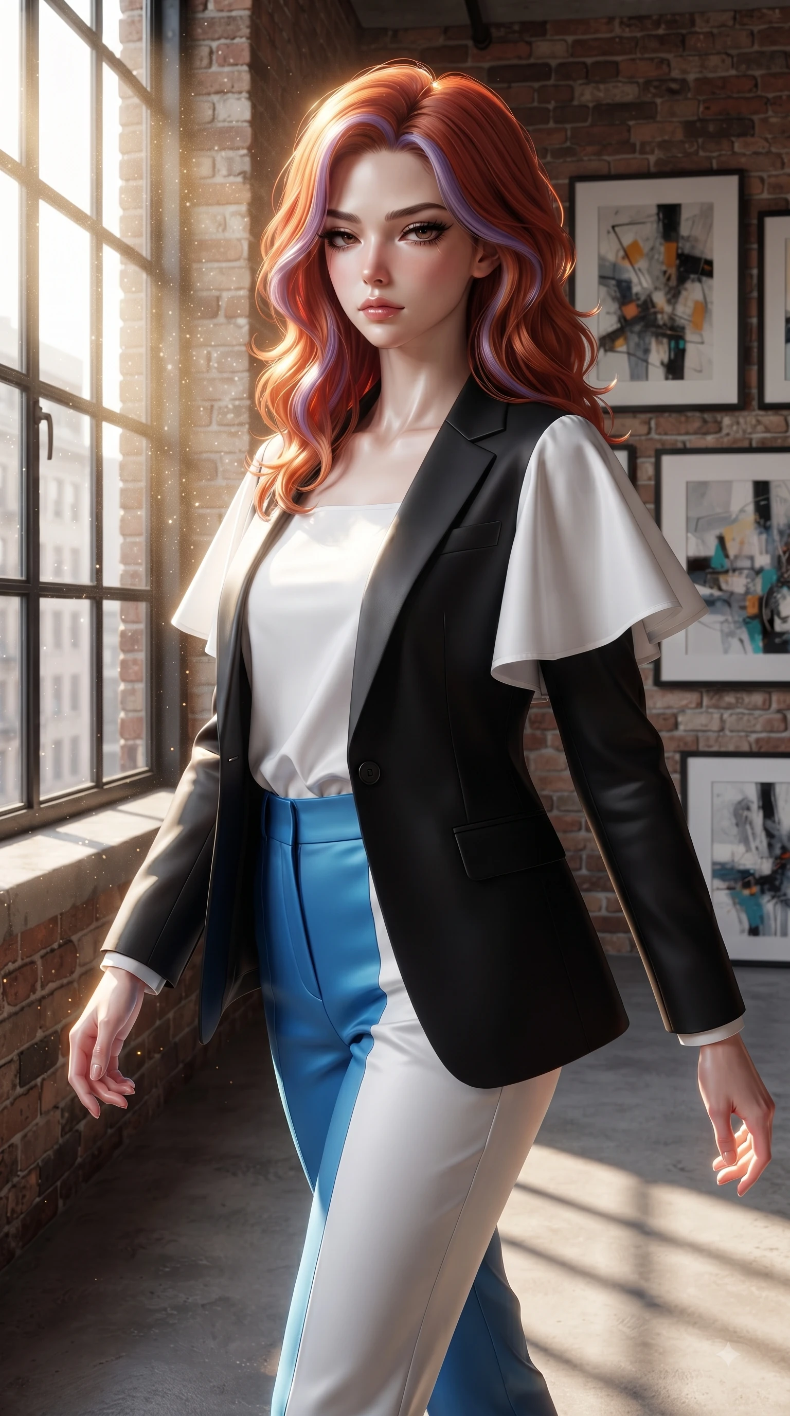 score_9, masterpiece, best quality, ultra-detailed, high-budget anime keyframe, editorial fashion photography, tasteful artistic composition, Caucasian woman. close-up cowboy shot from the waist and thighs up, the character dominates the composition, filling the frame with her large presence. Indifferent cold glance casting a disdainful side-eye from beneath long dark eyelashes with aloof confidence while pivoting near a high factory window as volumetric dust motes sparkle in golden sunbeams. The surrounding environment is rendered in vivid detail and crisp panoramic clarity. raw exposed brick walls, polished concrete floors, and detailed gallery artwork in high clarity. She has an exceptionally elegant, slender, and willowy female figure with an ultra-slim waist, a gracefully sculpted slender torso, and a refined silhouette. sharp v-shaped jawline, high-bridge nose, intricate jewel-like eyes with depth, thick eyelashes, glossy lips with a natural sheen, flawlessly proportioned anatomical accuracy, natural body alignment, perfectly sculpted elegant limbs, clean dynamic posture without body distortion. wearing a sleek jet black tailored blazer over a crisp white button-down and trousers in electric azure blue and cloud white, tailored from crisp high-density cotton poplin, featuring elegant flutter sleeves and a graceful square neckline, the fluid drape swaying gracefully with her dynamic editorial movement. surrounded by a chic, intellectual, and artistic urban editorial atmosphere. ultra-reflective glossy finish, specular highlights, metallic sheen, high-contrast stereoscopic depth, volumetric dynamic lighting, 2k, ultra detail, master piece, 9:16 ratio