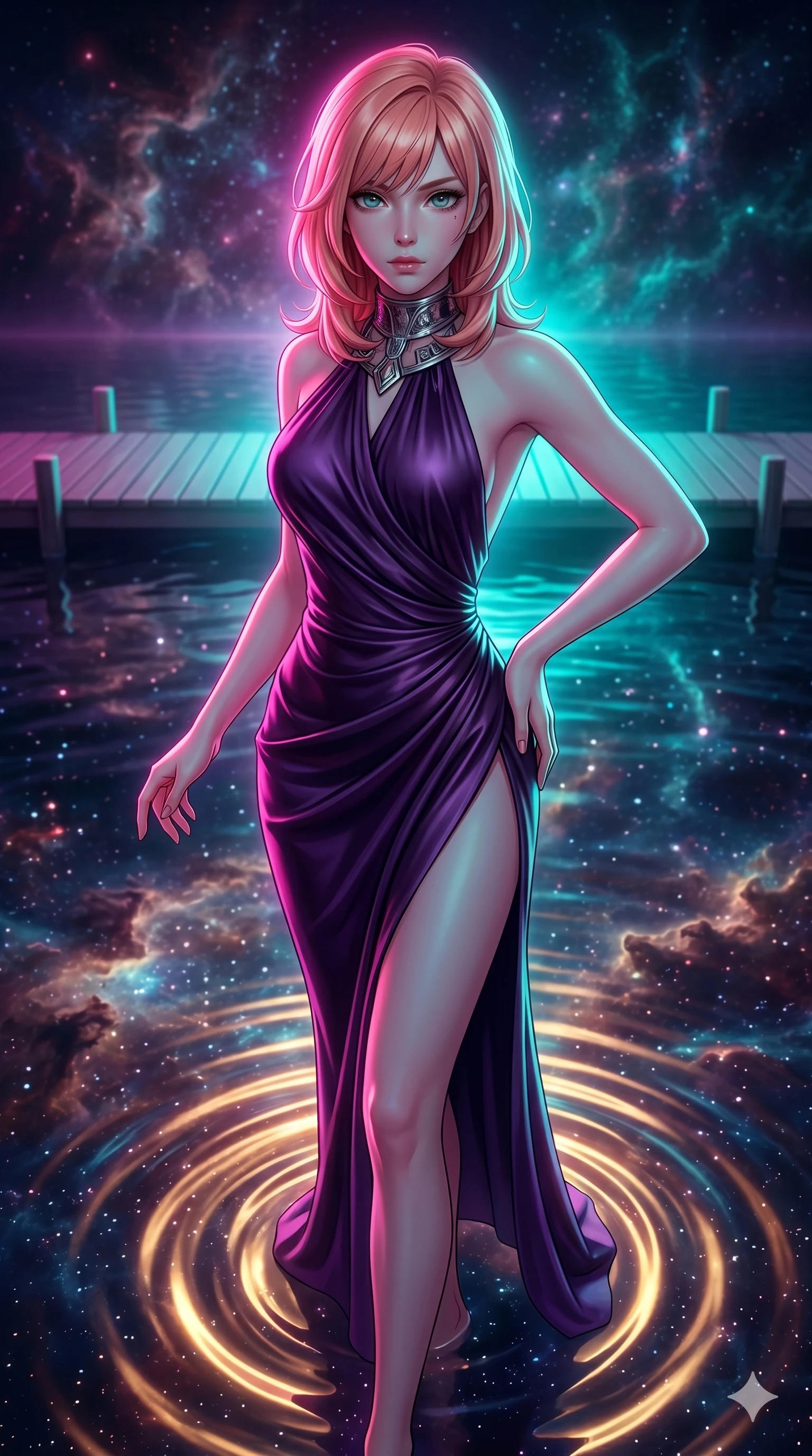 score_9, masterpiece, best quality, ultra-detailed, high-budget anime keyframe, editorial fashion photography, tasteful artistic composition, Japanese woman. upper body close-up from the thighs up, character filling the screen for maximum presence. floating suspended above on a floating pier in a lake of liquid stardust reflecting nebula clouds as waves of warm golden light ripple outward from her steps. She has an absolutely perfect 8-heads proportion, an exceptionally tall and slender female figure with impossibly long slender legs and an ultra-slim waist. V-shaped jawline, high-bridge nose, intricate jewel-like eyes with depth, thick eyelashes, glossy lips with a natural sheen.. wearing a gothic liquid silk gown, featuring a deep purple liquid silk maxi gown draped around her, secured by a metallic choker collar, with a high side slit. lit by intense neon pink and turquoise dual-tone backlighting, creating a futuristic mood. 2k, ultra detail, master piece, 9:16 ratio