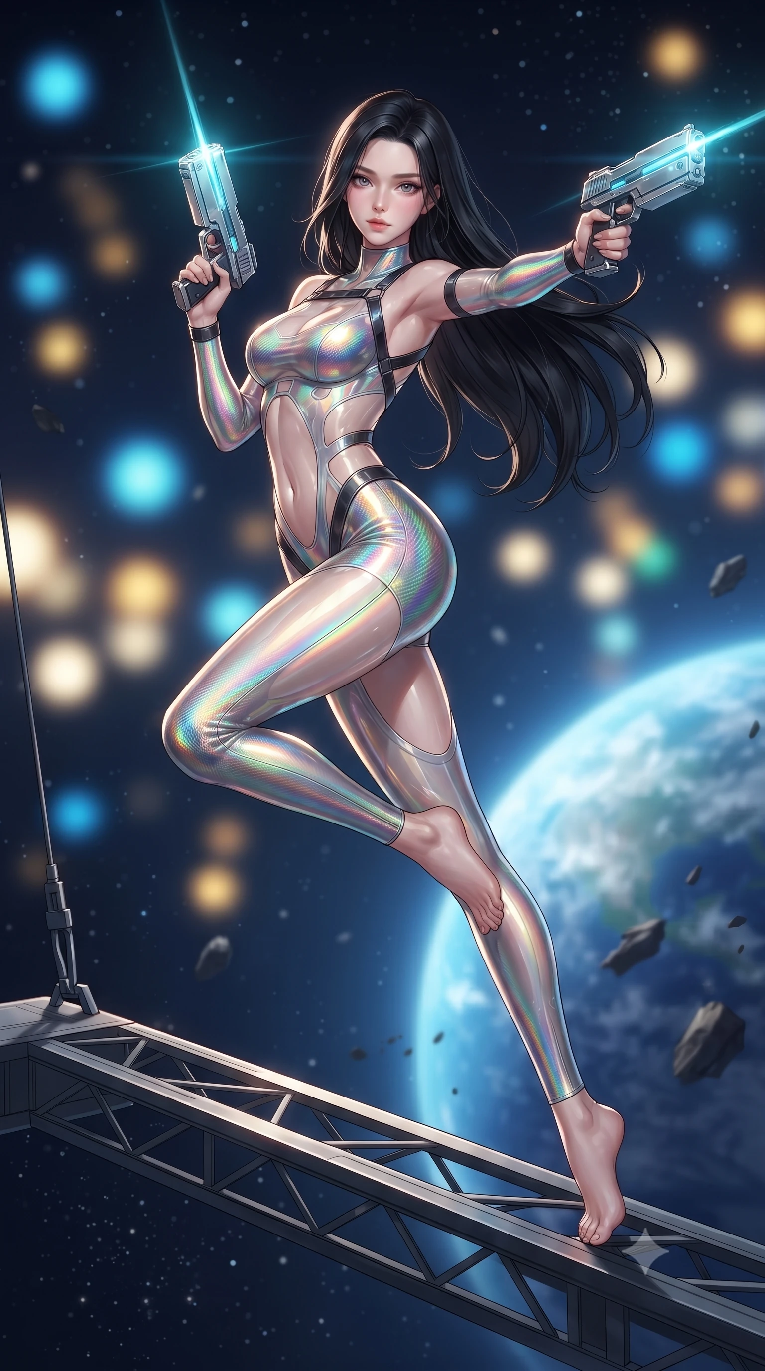 score_9, masterpiece, best quality, ultra-detailed, high-budget anime keyframe, editorial fashion photography, tasteful artistic composition, Korean woman. low angle full-body shot from head to toe showing her feet, filling the entire 9:16 vertical frame with her statuesque presence, stretching her vertical silhouette. arching her back gracefully in mid-air during a dynamic combat vault, her weapon energy trail framing her statuesque presence while stepping along a suspended gantry extending into the starry void with sniper rifle held in a relaxed, sovereign posture. The composition keeps background elements in soft focus with creamy bokeh. glowing blue curvature of planet Earth and floating orbital debris blurred into radiant azure, gold, and indigo bokeh. She has an absolutely perfect, statuesque 8.5-heads proportion, an exceptionally tall and slender model-like female figure with impossibly long slender legs, a toned flat midriff, and an ultra-slim waist. sharp v-shaped jawline, high-bridge nose, intricate jewel-like eyes with depth, thick eyelashes, glossy lips with a natural sheen, flawlessly proportioned anatomical accuracy, strict slender model proportions, natural body alignment, perfectly sculpted long slender limbs, ultra-slim waistline, clean dynamic posture without body distortion. wearing a high-gloss iridescent rainbow carbon-weave bodysuit with translucent cybernetic panels, brandishing dual sleek chrome particle beam pistols in a dynamic combat stance in glacial ice-cyan carbon mesh with pure white armor plates, formed from high-gloss patent carbon-plating with specular chiaroscuro reflections, complemented by criss-cross back harness straps highlighting her completely bare spine, the precision-cut daring openings accentuating her delicate midriff, graceful bare collarbones, and ultra-slim feminine waistline. illuminated by glowing cyan rifle charging lights and sharp specular highlights tracing her slender curves. ultra-reflective glossy finish, specular highlights, dark metallic sheen, high-contrast stereoscopic depth, volumetric dynamic lighting, 2k, ultra detail, master piece, 9:16 ratio