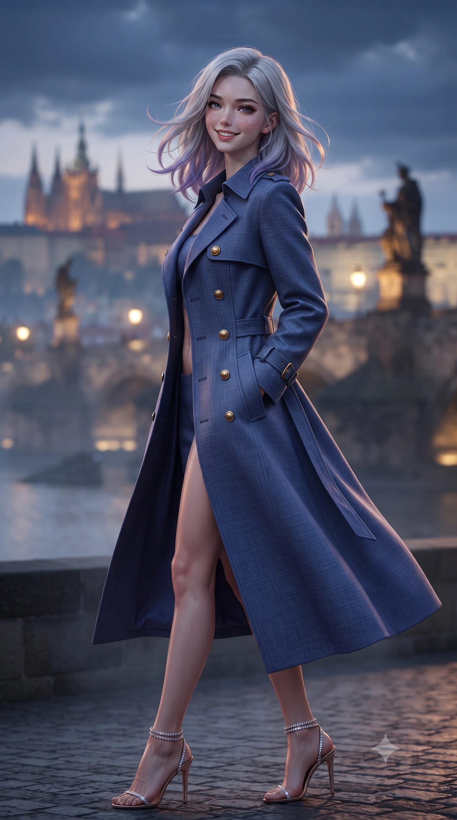 score_9, masterpiece, best quality, ultra-detailed, high-budget anime keyframe, editorial fashion photography, tasteful artistic composition, Caucasian woman. close-up cowboy shot from the waist and thighs up, the character dominates the composition, filling the frame with her large presence. turning slowly with an enchanting smoldering smile, her glossy hair tossing in the breeze as her hips angle gracefully in a captivating contrapposto while twisting her slender torso in an alluring S-curve, gas streetlight glows from the bridge below tracing her flat midriff and hourglass curves. The background shows a soft-focus illuminated statues of the Charles Bridge spanning the misty Vltava, distant spires of St. Vitus Cathedral against midnight indigo clouds, blurred into topaz, slate, and amber bokeh. She has an exceptionally elegant, slender, and willowy female figure with an ultra-slim waist, flat toned midriff, narrow ribcage, and sculpted feminine hips creating an alluring, slim hourglass silhouette without bulk. sharp v-shaped jawline, high-bridge nose, intricate jewel-like sparkling eyes with depth, thick eyelashes, glossy parted lips with a natural peach sheen, bright cheerful beaming smile with an enchanting and coquettish sensual glint, exuding both youthful cute charm and seductive allure, flawlessly proportioned anatomical accuracy, strict slender model proportions, natural body alignment, perfectly sculpted long slender limbs, ultra-slim waistline, clean dynamic posture without body distortion. wearing a structured Cape Town coastal linen-tweed trench coat with tortoise buttons and storm flaps in Vltava misty twilight cobalt and polished brass, crafted from bespoke double-faced cashmere with an exceptionally soft tactile finish, complemented by strappy stiletto sandals with crystal ankle wraps accentuating her slender calves, the impeccably tailored cut draping gracefully along her slender figure with aristocratic poise. illuminated by stone wall bounce fill and sharp copper-gold rim lights defining her dewy collarbones, ultra-slim waist, and curvy hips. ultra-reflective glossy finish, specular highlights, rich textural contrasts, high-contrast stereoscopic depth, volumetric dynamic lighting, 2k, ultra detail, master piece, 9:16 ratio