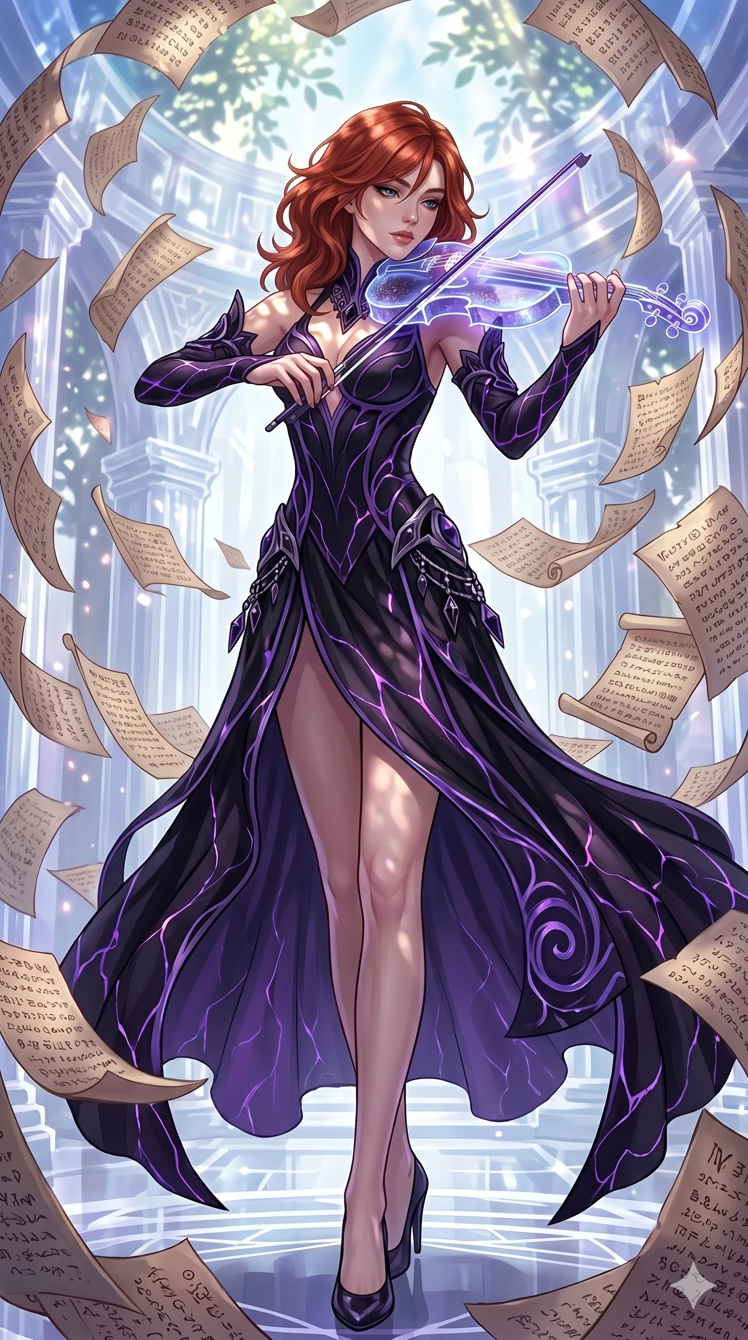 score_9, masterpiece, best quality, ultra-detailed, Set A: High-budget Anime Keyframe, Caucasian (human ears) woman. Low angle cowboy shot filling the entire 9:16 frame with her statuesque presence. Theme: Ethereal Dream. playing a holographic violin in a temple made of solid light, surrounded by a whirlwind of 293 floating ancient scrolls. The atmosphere is filled with cinematic sunlight through leaves. She has an absolutely perfect 8-heads proportion, an exceptionally tall and slender female figure with impossibly long slender legs and an ultra-slim waist. Sharp v-shaped jawline, high-bridge nose, intricate jewel-like eyes with depth, glossy lips. Wearing Void-walker shadow-fabric dress with violet energy cracks and obsidian accessories. Cinematic lighting, vivid colors, dramatic shadows, 2k, ultra detail, master piece, 9:16 ratio