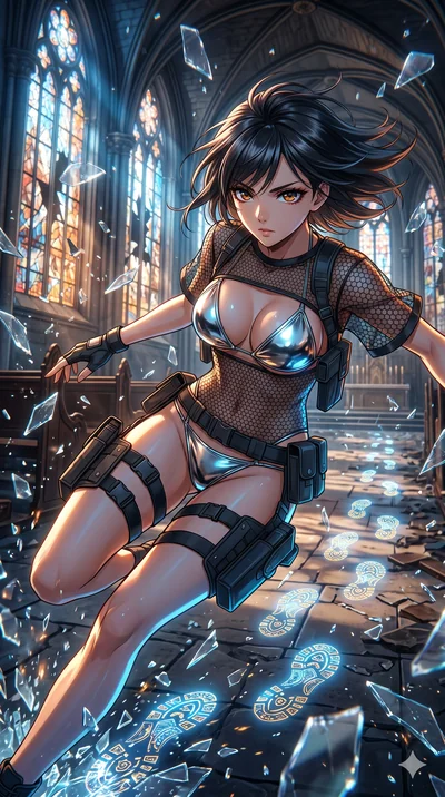 score_9, masterpiece, best quality, ultra-detailed, Set A: High-budget Anime Keyframe, Japanese woman. Upper body close-up from the thighs up, character filling the screen for maximum presence. Sliding through a shattered glass cathedral, as she leav