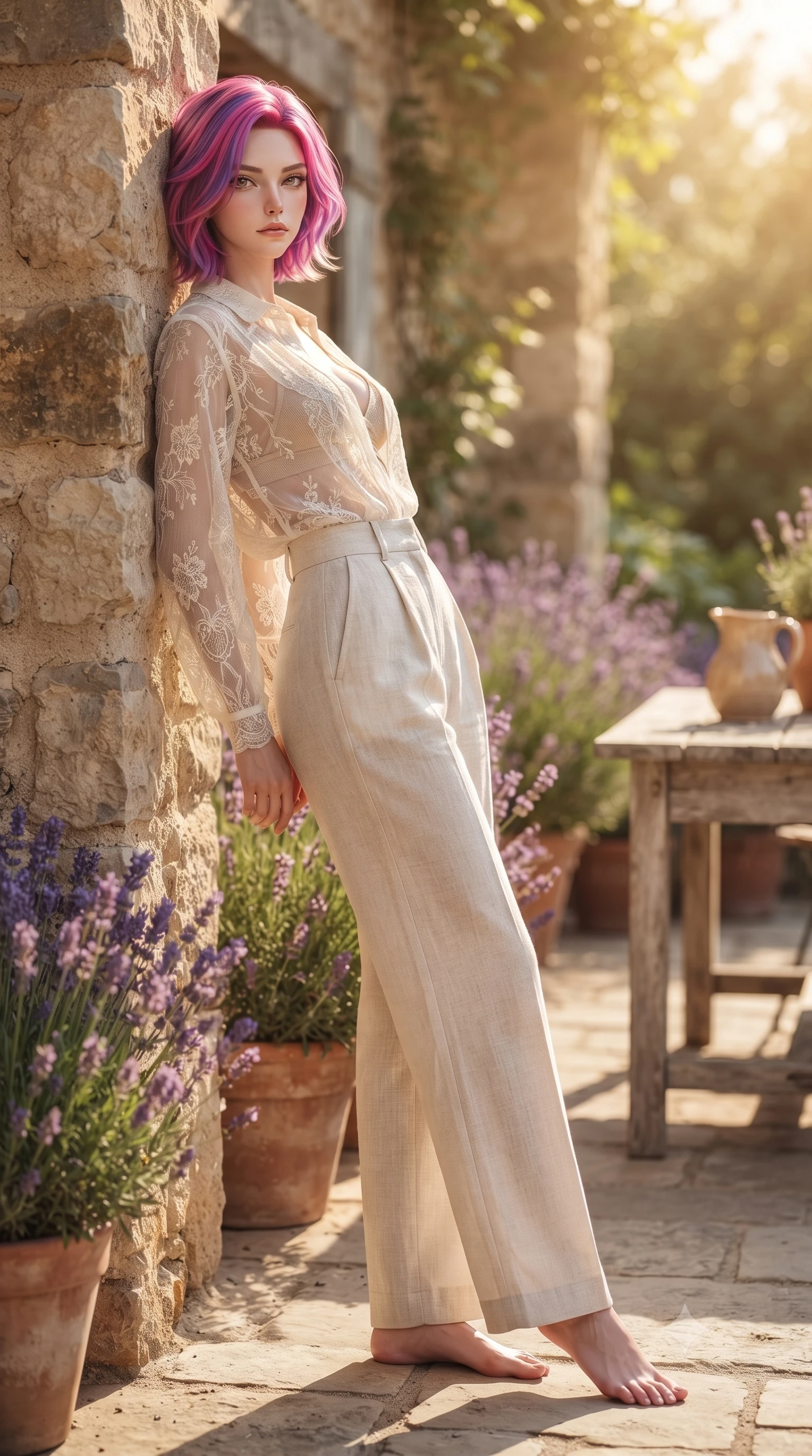 score_9, masterpiece, best quality, ultra-detailed, high-budget anime keyframe, editorial fashion photography, tasteful artistic composition, Caucasian woman woman. low angle full-body shot from head to toe showing her feet, filling the entire 9:16 vertical frame with her statuesque presence, stretching her vertical silhouette. leaning back against a rustic stone wall, casting a slow, alluring gaze at the camera the background shows a soft-focus a lavender-lined stone patio of a country house in Provence, with a rustic wooden table. She has an absolutely perfect, statuesque 8.5-heads proportion, an exceptionally tall and slender model-like female figure with impossibly long slender legs and an ultra-slim waist. sharp v-shaped jawline, high-bridge nose, intricate jewel-like eyes with depth, thick eyelashes, glossy lips with a natural sheen. wearing a form-contouring sheer lace blouse in ivory white, worn over a simple beige bralette and high-waisted linen trousers. soft golden afternoon sunbeams, casting a peaceful country glow. ultra-reflective glossy finish, specular highlights, metallic sheen, high-contrast stereoscopic depth, volumetric dynamic lighting, 2k, ultra detail, master piece, 9:16 ratio
