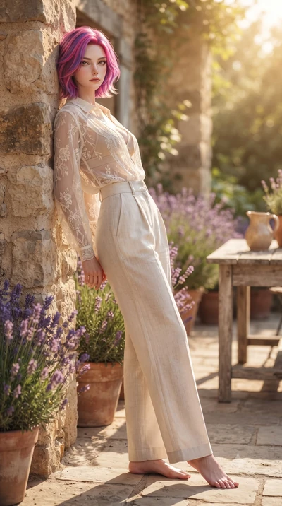 score_9, masterpiece, best quality, ultra-detailed, high-budget anime keyframe, editorial fashion photography, tasteful artistic composition, Caucasian woman woman. low angle full-body shot from head to toe showing her feet, filling the entire 9:16 v