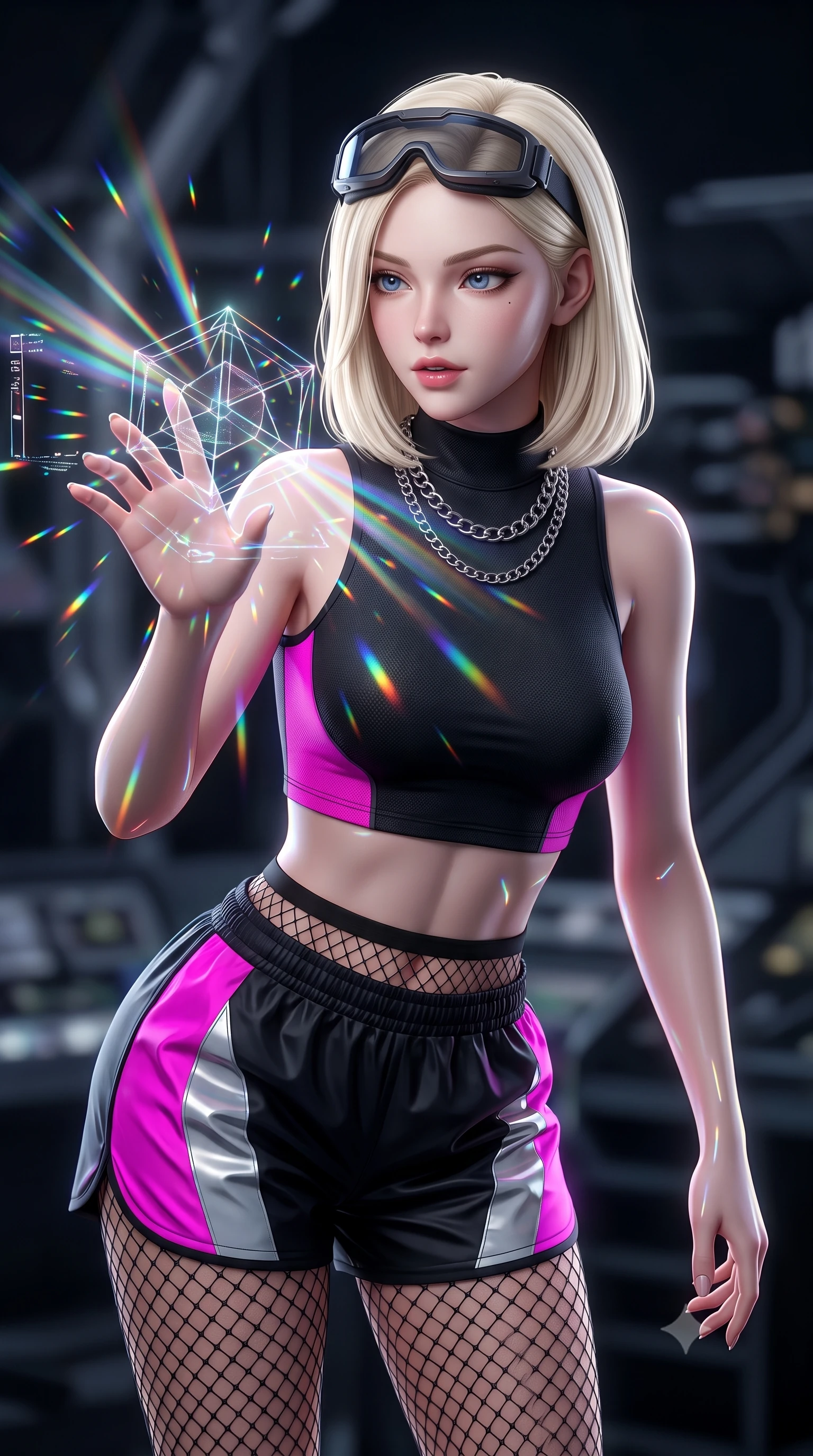 score_9, masterpiece, best quality, ultra-detailed, high-budget anime keyframe, semi-realistic 3D game render, editorial fashion photography, tasteful artistic composition, Caucasian woman. close-up cowboy shot from the waist and thighs up, the character dominates the composition, filling the frame with her large presence. leaning forward with playful, captivating grace, her sculpted collarbones and slender neckline highlighted by directional light while reaching out one manicured hand to interact with a floating holographic geometry display with an intrigued expression. The composition keeps background elements in soft focus with creamy bokeh. refracted light beams and internal acrylic reflections scattering radiant chromatic light motes. She has an exceptionally elegant, slender, and willowy female figure with an ultra-slim waist, a gracefully sculpted slender torso, toned flat midriff, and a refined slim silhouette. sharp v-shaped jawline, high-bridge nose, intricate jewel-like eyes with depth, thick eyelashes, glossy lips with a natural sheen, captivating and magnetic expression, flawlessly proportioned anatomical accuracy, strict slender model proportions, natural body alignment, perfectly sculpted long slender limbs, ultra-slim waistline, clean dynamic posture without body distortion. wearing a fitted mock-neck cybernetic crop top paired with reflective panel track shorts and fishnet tights in matte pitch-black and vivid neon magenta, made of breathable technical athletic mesh and liquid-finish track nylon, accessorized with a chunky silver chain necklace and cyber-visor goggles resting on her brow, the form-contouring material adhering flawlessly to her sculpted flat midriff and slender torso, emphasizing her long leg lines and perfectly proportioned willowy build. illuminated by clean geometric specular highlights tracing her sculpted torso and legs. highly saturated vibrant anime colors, detailed shading with soft gradients, rich glossy textures, high-contrast stereoscopic depth, volumetric dynamic lighting, master piece, 9:16 ratio