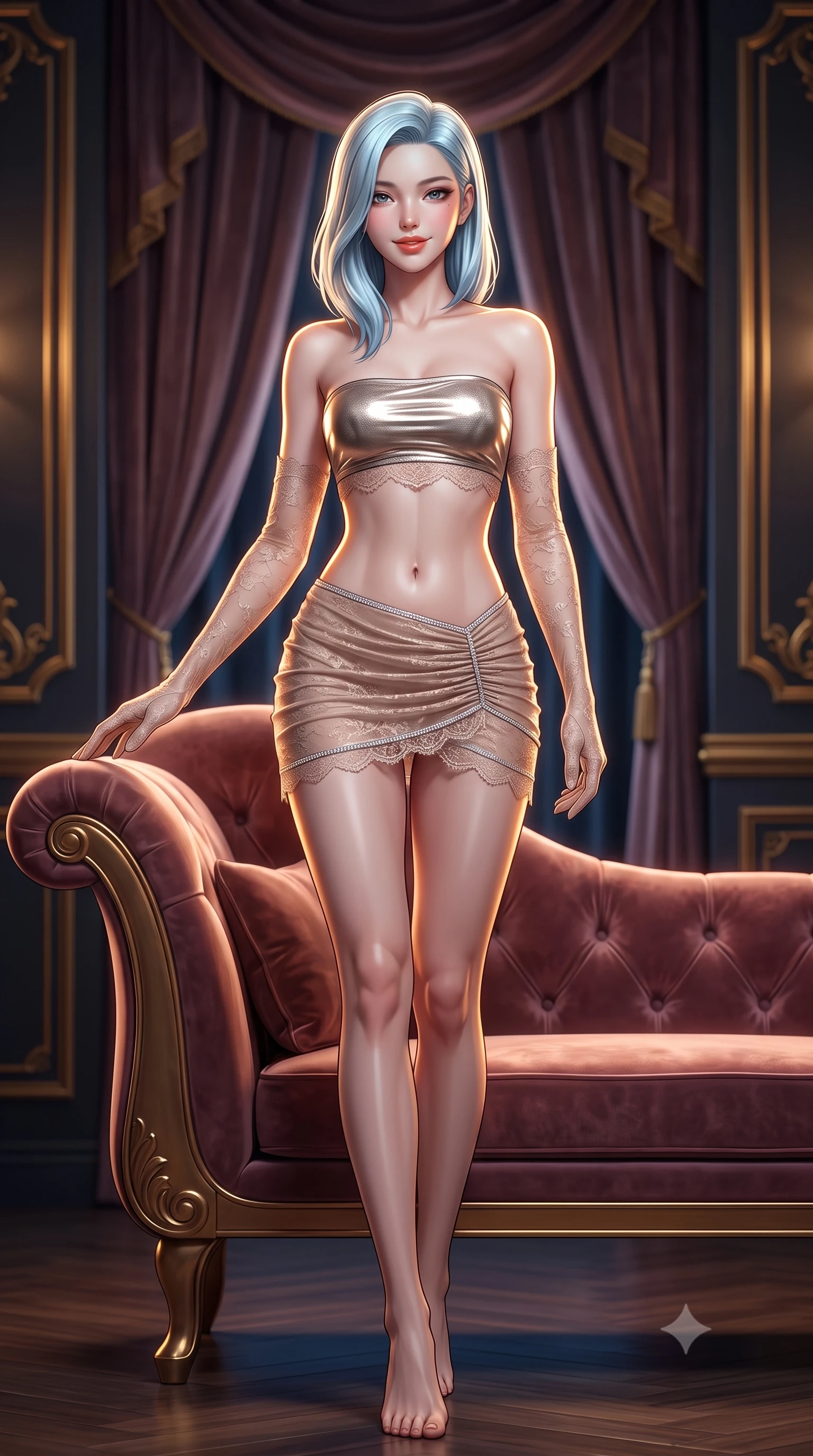 score_9, masterpiece, best quality, ultra-detailed, high-budget anime keyframe, semi-realistic 3D game render, editorial fashion photography, tasteful artistic composition, Korean woman. low angle full-body shot from head to toe showing her feet, filling the entire 9:16 vertical frame with her statuesque presence, stretching her vertical silhouette. stepping slowly toward the camera with hypnotic grace, hips swaying in an alluring sensual rhythm that accentuates her curvy hourglass silhouette and long slender legs while reclining on the plush velvet lounge chair with one arm draped over the backrest, flashing a playful, coquettish smile with glossy parted lips. The background shows a soft-focus heavy velvet drapery and art deco gilded moldings softened in exclusive private club shallow focus. She has an absolutely perfect, statuesque 8.5-heads proportion, an exceptionally tall and slender model-like female figure with impossibly long slender legs, an ultra-slim waist, a flat toned midriff, narrow delicate ribcage, and beautifully sculpted feminine hips creating a graceful, slim hourglass silhouette without any bulky heaviness. sharp v-shaped jawline, high-bridge nose, sparkling eyes with hypnotic seductive depth, thick curled eyelashes, glossy parted lips with a natural dewy peach sheen, alluring bedroom-eyes with an enchanting coquettish smile, exuding magnetic siren charisma and sophisticated high-fashion glamour, flawlessly proportioned anatomical accuracy, strict slender model proportions, natural body alignment, perfectly sculpted long slender limbs, ultra-slim waistline, clean dynamic posture without body distortion. wearing a liquid metallic lamé bandeau top paired with a curve-accentuating ruched low-rise mini skirt in sheer dusky champagne and glistening crystal trims, made of delicate semi-sheer French Chantilly lace with intricate eyelash edges, complemented by sheer opera-length lace evening gloves tracing her slender arms, the form-contouring silhouette accentuating her sculpted flat midriff, narrow delicate ribcage, and gracefully curvy hips with intoxicating allure. illuminated by backlit onyx bar glow and sharp warm-gold rim lights defining her razor-sharp jawline, ultra-slim waist, and curvy hips. highly saturated vibrant anime colors, detailed shading with soft gradients, rich glossy textures, high-contrast stereoscopic depth, volumetric dynamic lighting, master piece, 9:16 ratio