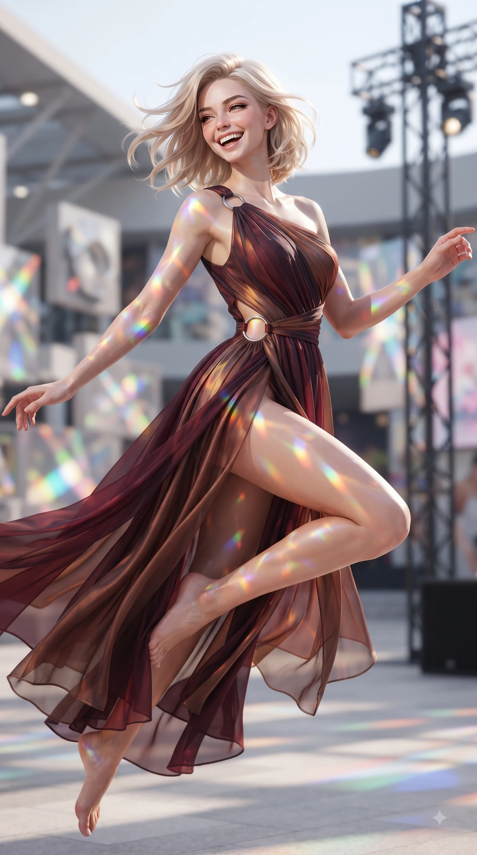 score_9, masterpiece, best quality, ultra-detailed, high-budget anime keyframe, editorial fashion photography, tasteful artistic composition, Caucasian woman. close-up cowboy shot from the waist and thighs up, the character dominates the composition, filling the frame with her large presence, background elements kept in soft focus. Warm delightful smile while casting a playful, joyful side-gaze with heavy lashes and a glowing expression while leaping dynamically through the air with a radiant laughing expression on an open art stage, a kaleidoscope of refractions forming colorful geometric light patterns on her skin. She has an exceptionally elegant, slender, and willowy female figure with an ultra-slim waist, a gracefully sculpted slender torso, and a refined silhouette. sharp v-shaped jawline, high-bridge nose, intricate jewel-like eyes with depth, thick eyelashes, glossy lips with a natural sheen, flawlessly proportioned anatomical accuracy, natural body alignment, perfectly sculpted elegant limbs, clean dynamic posture without body distortion. wearing an asymmetrical Grecian draped chiffon gown with a metallic shoulder ring in deep burgundy and bronze, woven from fine semi-opaque sheer organza, accented with delicate chrome ring hardware framing her waist, the form-contouring material highlighting her ultra-slim waist and long lines. illuminated by brilliant multi-color rainbow light refracting through glass prisms. ultra-reflective glossy finish, specular highlights, metallic sheen, high-contrast stereoscopic depth, volumetric dynamic lighting, 2k, ultra detail, master piece, 9:16 ratio