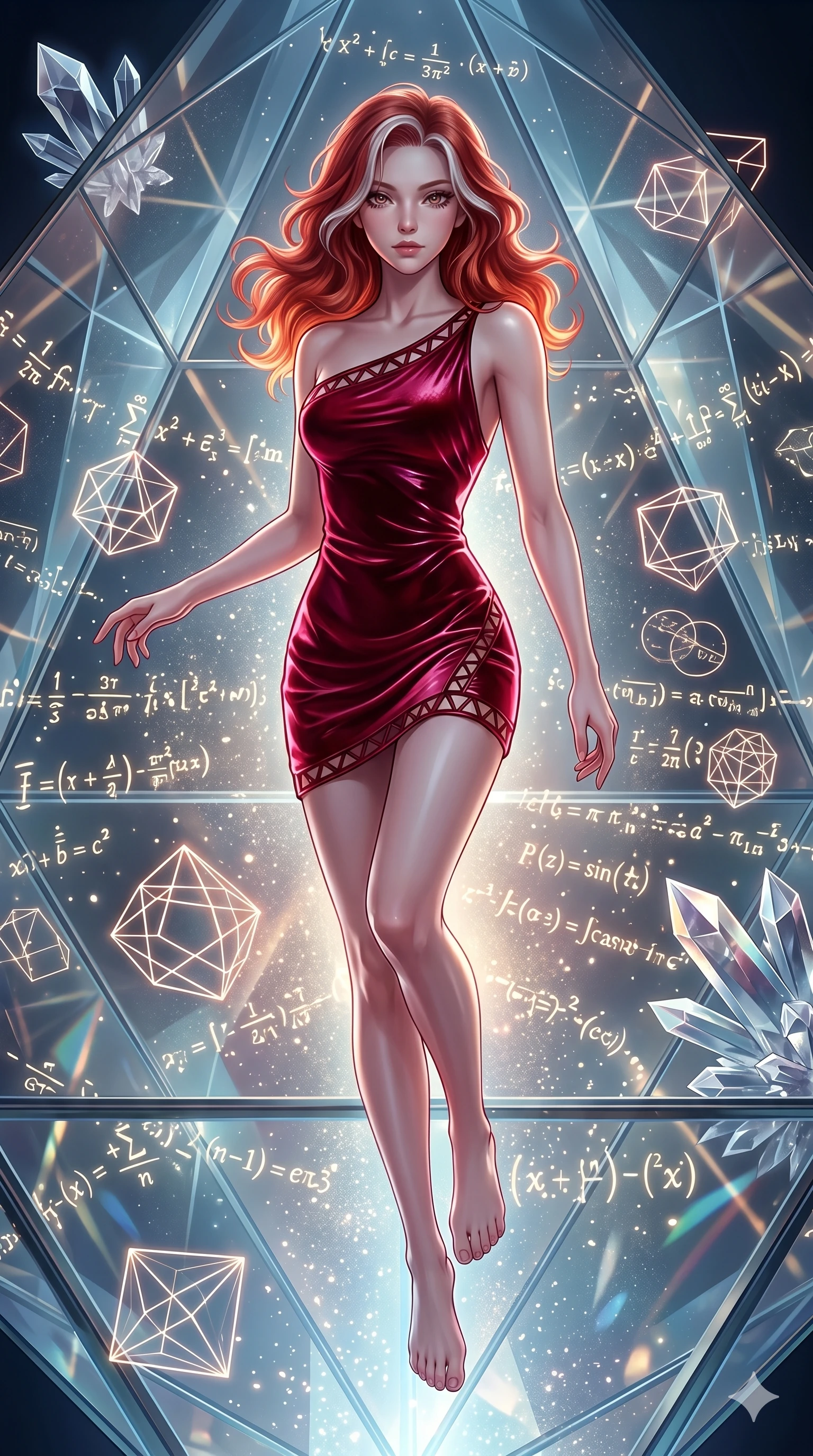 score_9, masterpiece, best quality, ultra-detailed, high-budget anime keyframe, editorial fashion photography, tasteful artistic composition, Caucasian woman, strictly human ears. upper body close-up from the thighs up, character filling the screen for maximum presence. swirling in a vortex of inside a geometric glass pyramid surrounded by floating mathematical equations while floating geometrical wireframes rotate and pulse in synch. She has an absolutely perfect 8-heads proportion, an exceptionally tall and slender female figure with impossibly long slender legs and an ultra-slim waist. V-shaped jawline, high-bridge nose, intricate jewel-like eyes with depth, thick eyelashes, glossy lips with a natural sheen.. wearing an asymmetric liquid velvet slip dress, featuring a wet-look deep crimson red velvet one-shoulder mini slip with asymmetric geometric cutout trim. illuminated by dramatic chiaroscuro casting soft shadows along her curves, with vibrant backlighting highlighting the dust particles. 2k, ultra detail, master piece, 9:16 ratio