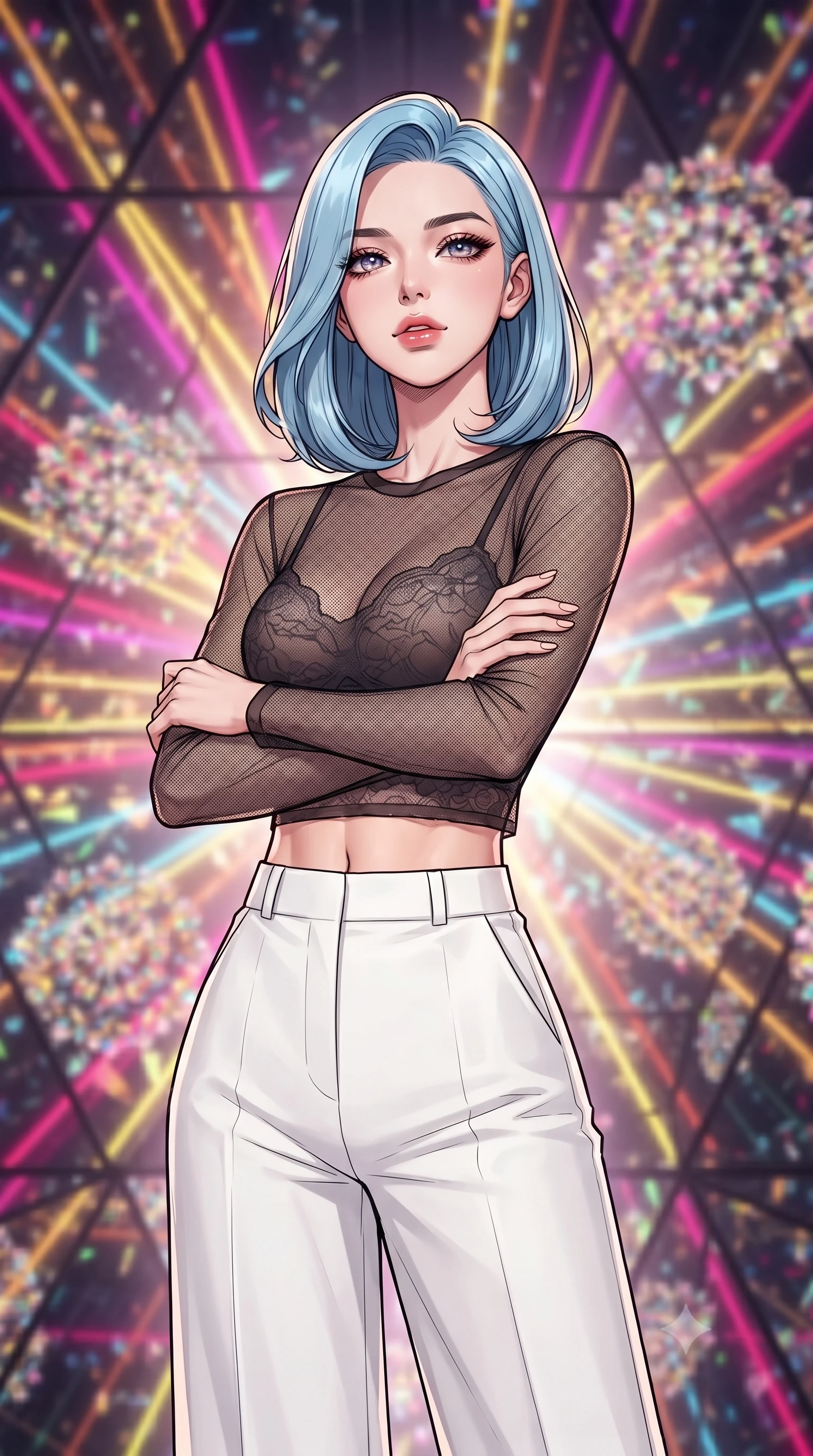 score_9, masterpiece, best quality, ultra-detailed, high-budget anime keyframe, gorgeous anime illustration, with clean line-art and distinct ink outlines, Korean woman. close-up cowboy shot from the waist and thighs up, the character dominates the composition, filling the frame with her large presence, background elements kept in soft focus. Crossing her arms with serene confidence and chin slightly raised. set against a soft-focus background of inside a chamber where the walls are made of triangular mirrors that rotate, creating a giant kaleidoscope effect, with floating glass flower petals forming mandala patterns in the air. She has an exceptionally elegant and slender, willowy female figure with an ultra-slim waist, a gracefully sculpted slender torso, and a refined slim physique. sharp v-shaped jawline, high-bridge nose, intricate jewel-like eyes with depth, thick eyelashes, glossy lips with a natural sheen. wearing a transparent black mesh top over a sheer lace crop top and high-waisted white wide-leg trousers. infinite reflections of colorful light beams (magenta, gold, violet) bouncing off the mirror walls, creating a dazzling rim light. 2k, ultra detail, master piece, 9:16 ratio, vibrant anime color palette, detailed cel-shading with soft gradients, rich contrast, dynamic lighting, 2d animation style