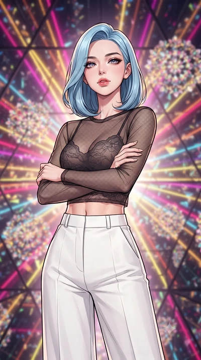 score_9, masterpiece, best quality, ultra-detailed, high-budget anime keyframe, gorgeous anime illustration, with clean line-art and distinct ink outlines, Korean woman. close-up cowboy shot from the waist and thighs up, the character dominates the c