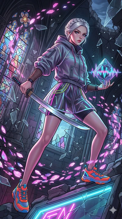 score_9, masterpiece, best quality, ultra-detailed, Set A: High-budget Anime Keyframe, Japanese woman. Low angle cowboy shot filling the entire 9:16 frame with her statuesque presence. Drawing a blade through a shattered glass cathedral, holding a re