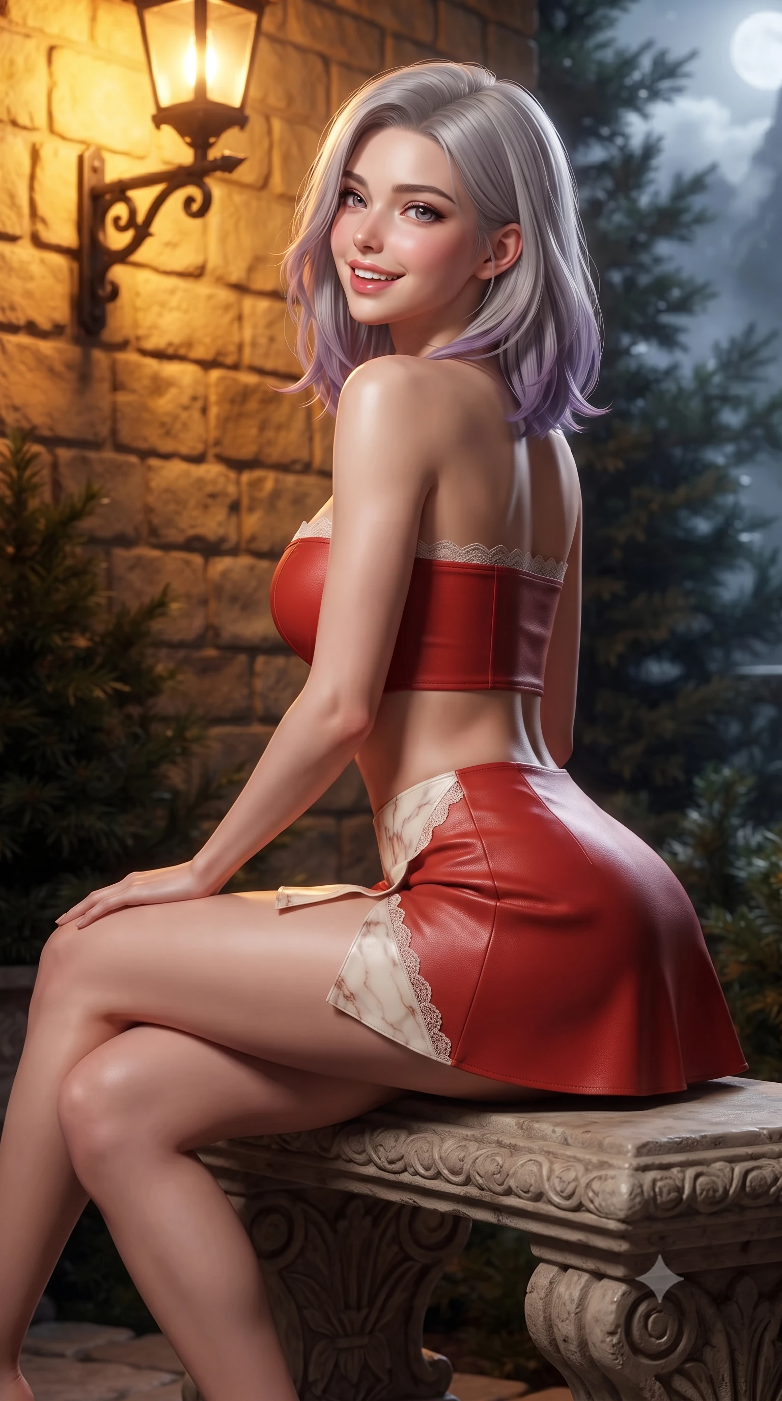 score_9, masterpiece, best quality, ultra-detailed, high-budget anime keyframe, editorial fashion photography, tasteful artistic composition, Caucasian woman. close-up cowboy shot from the waist and thighs up, the character dominates the composition, filling the frame with her large presence. posing in an alluring rear three-quarter angle, looking over a bare shoulder with parted glossy lips, her hips cocked back to highlight her slim hourglass curve while sitting gracefully on the carved stone bench with legs crossed, flashing a radiant, playful smile with parted glossy lips. The surrounding environment is rendered in vivid detail and crisp panoramic clarity: sharp golden-yellow limestone castle wall masonry, hand-forged iron lantern brackets, and dark alpine pine needle textures in deep focus. She has an exceptionally elegant, slender, and willowy female figure with an ultra-slim waist, flat toned midriff, narrow ribcage, and sculpted feminine hips creating an alluring, slim hourglass silhouette without bulk. sharp v-shaped jawline, high-bridge nose, intricate jewel-like sparkling eyes with depth, thick eyelashes, glossy parted lips with a natural peach sheen, bright cheerful beaming smile with an enchanting and coquettish sensual glint, exuding both youthful cute charm and seductive allure, flawlessly proportioned anatomical accuracy, strict slender model proportions, natural body alignment, perfectly sculpted long slender limbs, ultra-slim waistline, clean dynamic posture without body distortion. wearing an ultra-cropped fitted bandeau top paired with a micro mini tennis skirt revealing her flat midriff in Cordoba vermilion red and ivory alabaster marble, woven from buttery-soft stretch lambskin leather adhering to her body like a second skin, finished with scalloped eyelash lace trim framing her sweetheart neckline with intimate elegance, the high-slit wrap tailoring accentuating her ultra-slim waistline and the enchanting curve of her feminine hips with alluring seductive charm. bathed in the romantic amber 2400K iron lantern glow mixed with silver alpine moonlight and mist. ultra-reflective glossy finish, specular highlights, rich textural contrasts, high-contrast stereoscopic depth, volumetric dynamic lighting, 2k, ultra detail, master piece, 9:16 ratio