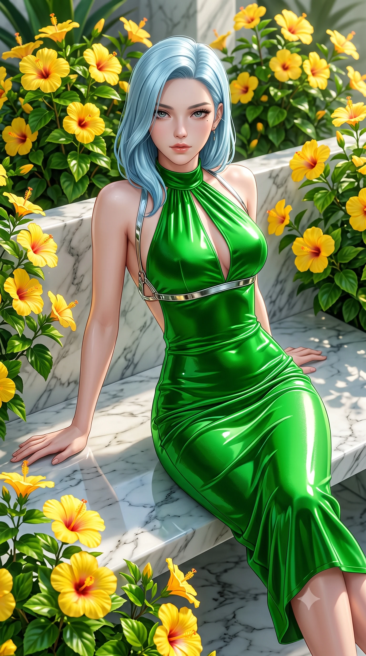 score_9, masterpiece, best quality, ultra-detailed, high-budget anime keyframe, semi-realistic 3D game render, editorial fashion photography, tasteful artistic composition, Korean woman. close-up cowboy shot from the waist and thighs up, the character dominates the composition, filling the frame with her large presence. gazing directly into the lens with bedroom eyes and a breathtaking, dangerous allure that commands the entire composition while reclining along a polished marble bench surrounded by blooming yellow hibiscus with an alluring smoldering gaze. The surrounding environment is rendered in vivid detail and crisp panoramic clarity. vibrant emerald and gold plant textures rendered with high environmental clarity. She has an exceptionally elegant, slender, and willowy female figure with an ultra-slim waist, a gracefully sculpted slender torso, toned flat midriff, and a refined slim silhouette. sharp v-shaped jawline, high-bridge nose, intricate jewel-like eyes with depth, thick eyelashes, glossy lips with a natural sheen, flawlessly proportioned anatomical accuracy, strict slender model proportions, natural body alignment, perfectly sculpted long slender limbs, ultra-slim waistline, clean dynamic posture without body distortion. wearing a velvet halter-neck midi dress fitting her statuesque contour flawlessly with a Tasteful chest slit and open spine in bright emerald green satin and gold hardware, formed from high-gloss patent material with specular light reflections, reinforced by a sleek metallic chrome harness and delicate glowing micro-straps, the liquid-tight tailored fabric emphasizing every curve of her tall, slender model proportions and sculptured silhouette during dynamic movement. surrounded by a bright, pristine, and captivatingly fresh botanical sanctuary atmosphere. highly saturated vibrant anime colors, detailed shading with soft gradients, rich glossy textures, high-contrast stereoscopic depth, volumetric dynamic lighting, master piece, 9:16 ratio