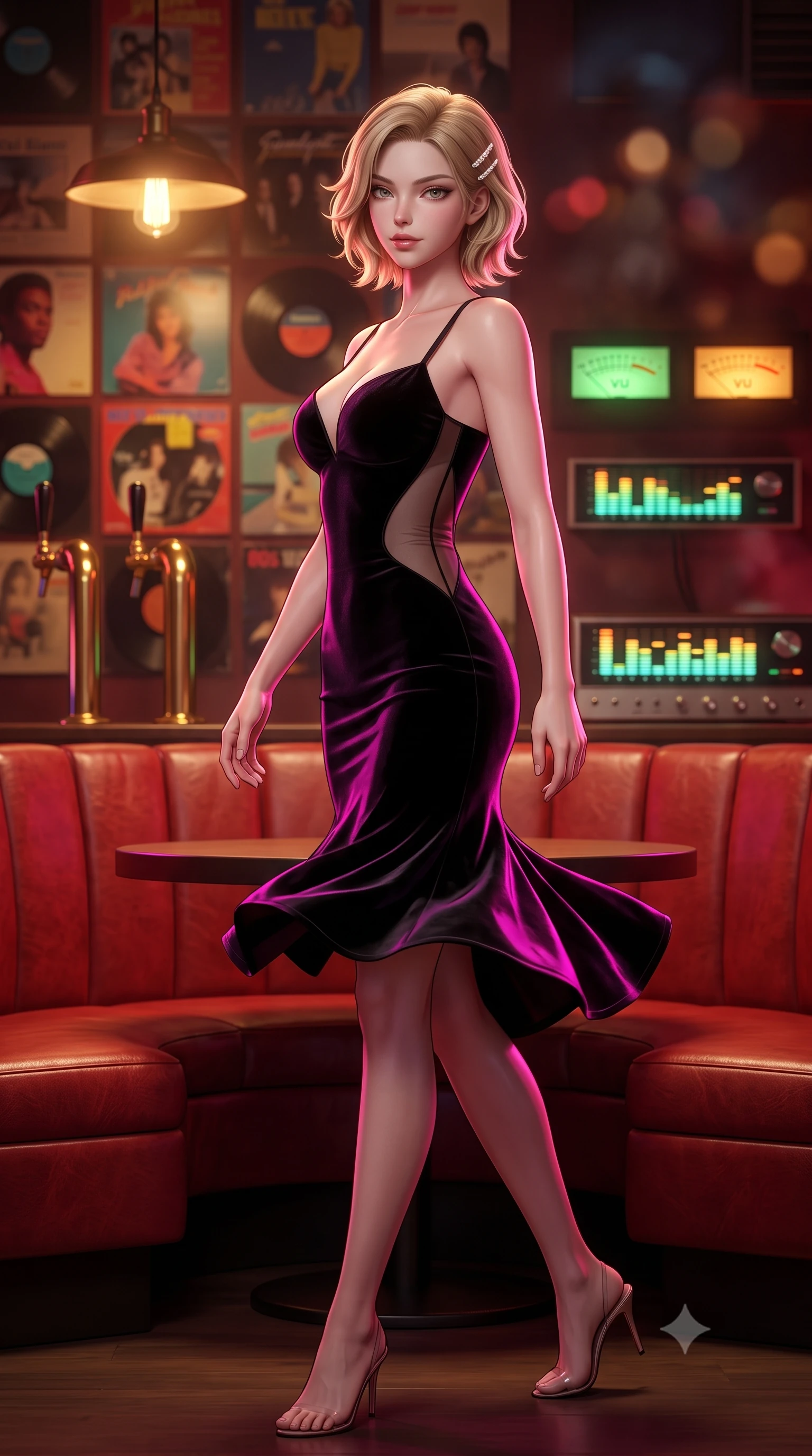 score_9, masterpiece, best quality, ultra-detailed, high-budget anime keyframe, semi-realistic 3D game render, editorial fashion photography, tasteful artistic composition, Caucasian woman. low angle full-body shot from head to toe showing her feet, filling the entire 9:16 vertical frame with her statuesque presence, stretching her vertical silhouette. executing a slow, graceful pivot turn as her skirt sways around her slender legs, glancing back with an enchanting, teasing sensual expression while lounging across a circular red leather booth with legs crossed, arching her lower back with seductive retro lounge elegance. The background shows a soft-focus walls of colorful 80s vinyl album covers, brass bar taps, and glowing analog stereo equalizer displays blurred into ruby, brass, and smoky amber bokeh. She has an absolutely perfect, statuesque 8.5-heads proportion, an exceptionally tall and slender model-like female figure with impossibly long slender legs, an ultra-slim waist, a flat toned midriff, narrow delicate ribcage, and beautifully sculpted feminine hips creating a graceful, slim hourglass silhouette without any bulky heaviness. sharp v-shaped jawline, high-bridge nose, sparkling eyes with hypnotic seductive depth, thick curled eyelashes, glossy parted lips with a natural dewy peach sheen, alluring bedroom-eyes with an enchanting coquettish smile, exuding magnetic siren charisma and sophisticated glamour, flawlessly proportioned anatomical accuracy, strict slender model proportions, natural body alignment, perfectly sculpted long slender limbs, ultra-slim waistline, clean dynamic posture without body distortion. wearing a deep sweetheart-neckline velvet bodycon dress with sheer side-torso cutouts accentuating her hourglass curves in wet-look onyx black with electric fuchsia reflections, made of semi-opaque stretch illusion mesh with soft shadowy contours, finished with delicate mother-of-pearl hairpin ornaments glinting in her dark glossy hair, the second-skin tailored fabric adhering flawlessly to her sculpted flat midriff and slender torso, emphasizing her long leg lines and perfectly proportioned willowy build. bathed in warm incandescent pendant lighting and glowing green-and-amber stereo VU meter backlights. highly saturated vibrant anime colors, detailed shading with soft gradients, rich glossy textures, high-contrast stereoscopic depth, volumetric dynamic lighting, master piece, 9:16 ratio