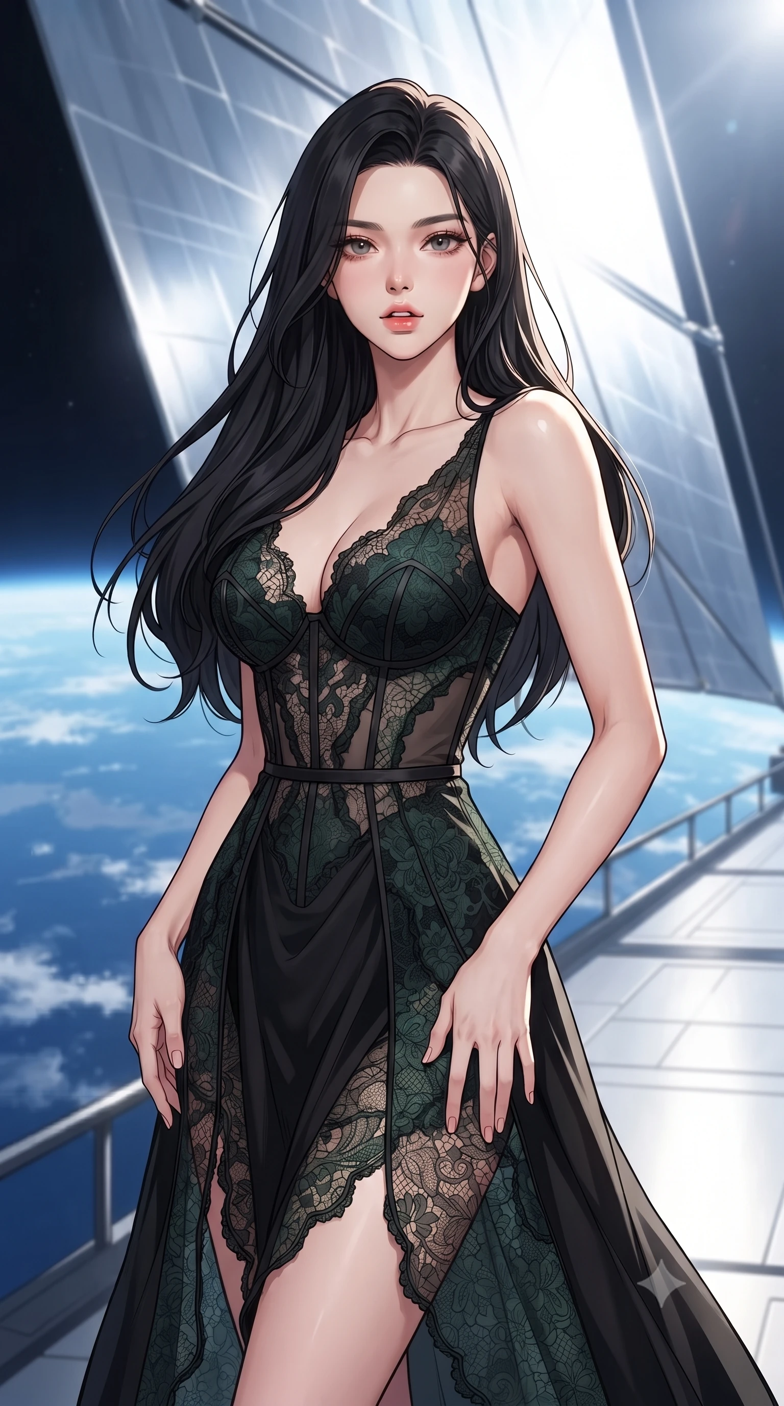 score_9, masterpiece, best quality, ultra-detailed, high-budget anime keyframe, gorgeous anime illustration, with clean line-art and distinct ink outlines, Korean woman. close-up cowboy shot from the waist and thighs up, the character dominates the composition, filling the frame with her large presence, background elements kept in soft focus. Looking directly at the camera with a bold fearless expression and parted lips. set against a soft-focus background of on the service platform of a giant solar sail array high in the stratosphere, looking down at the curved earth below, massive reflective sails stretching to the horizon. She has an exceptionally elegant and slender, willowy female figure with an ultra-slim waist, a gracefully sculpted slender torso, and a refined slim physique. sharp v-shaped jawline, high-bridge nose, intricate jewel-like eyes with depth, thick eyelashes, glossy lips with a natural sheen. wearing a deconstructed lace gown in black, detailed with dark green lace panels and a visible corset structure. blinding white sunlight from one side casting sharp high-contrast shadows, with the blue reflection of the earth acting as a soft fill light. 2k, ultra detail, master piece, 9:16 ratio, vibrant anime color palette, detailed cel-shading with soft gradients, rich contrast, dynamic lighting, 2d animation style