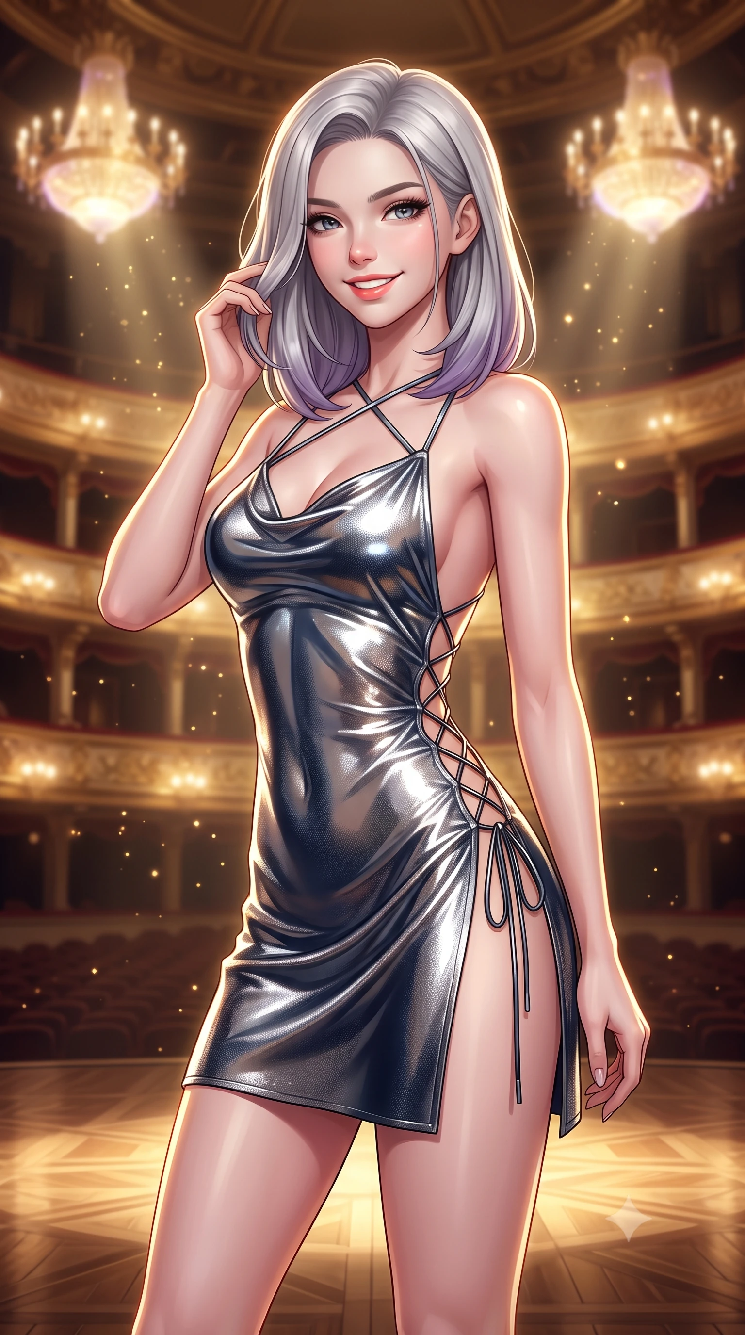score_9, masterpiece, best quality, ultra-detailed, high-budget anime keyframe, semi-realistic 3D game render, editorial fashion photography, tasteful artistic composition, Caucasian woman. close-up cowboy shot from the waist and thighs up, the character dominates the composition, filling the frame with her large presence. gently brushing a lock of hair behind her ear while casting a playful, flirtatious side-gaze with long eyelashes while standing poised at the center of the gilded cyber-baroque opera stage beneath levitating plasma chandeliers, arching her lower back with sovereign diva charisma. The background shows a soft-focus golden dust particles shimmering in spotlight beams softened in grand cyber-baroque opera house shallow focus. She has an exceptionally elegant, slender, and willowy female figure with an ultra-slim waist, flat toned midriff, narrow ribcage, and sculpted feminine hips creating an alluring, slim hourglass silhouette without bulk. sharp v-shaped jawline, high-bridge nose, intricate jewel-like sparkling eyes with depth, thick eyelashes, glossy parted lips with a natural peach sheen, bright cheerful beaming smile with an enchanting and coquettish sensual glint, exuding both youthful cute charm and seductive allure, flawlessly proportioned anatomical accuracy, strict slender model proportions, natural body alignment, perfectly sculpted long slender limbs, ultra-slim waistline, clean dynamic posture without body distortion. wearing a backless liquid foil mini dress with criss-cross spinal straps and daring side slit in liquid mercury chrome and deep midnight obsidian, crafted from stretch micro-mesh with liquid foil coating that shimmers with every movement, featuring fine criss-cross lace-up side ties revealing tantalizing glimpses of her hip curve, the liquid-tight tailored fabric clinging flawlessly to her narrow waist and rounded feminine hips, emphasizing every millimeter of her sculpted slim hourglass curves without any bulky heaviness. illuminated by polished parquet reflection bounce and sharp gold-plasma rim lights sculpting her jawline, narrow waist, and curvy hips. highly saturated vibrant anime colors, detailed shading with soft gradients, rich glossy textures, high-contrast stereoscopic depth, volumetric dynamic lighting, master piece, 9:16 ratio