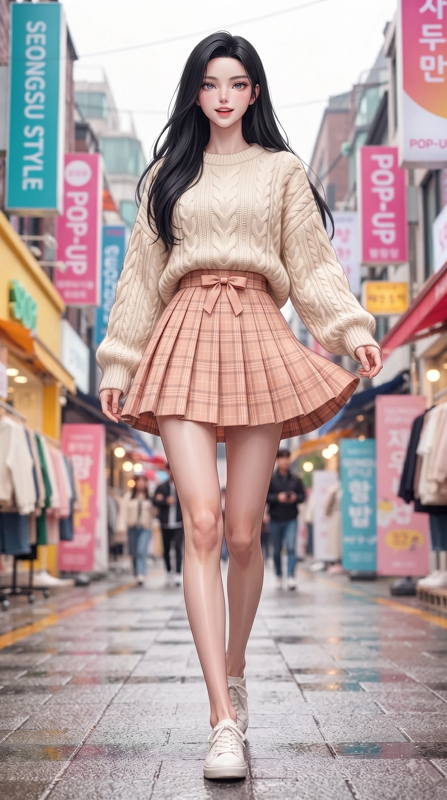 score_9, masterpiece, best quality, ultra-detailed, high-budget anime keyframe, editorial fashion photography, tasteful artistic composition, Korean woman. low angle full-body shot from head to toe showing her feet, filling the entire 9:16 vertical frame with her statuesque presence, stretching her vertical silhouette. stepping forward gracefully in mid-motion with a delighted cute expression, displaying her statuesque model proportions while walking dynamically down a stylish Seongsu street lined with colorful fashion pop-up stores. The composition keeps background elements in soft focus with dreamy bokeh. colorful urban shop signs and trendy street pop-up stores blurred in creamy background bokeh. She has an absolutely perfect, statuesque 8.5-heads proportion, an exceptionally tall and slender model-like female figure with impossibly long slender legs and an ultra-slim waist. sharp v-shaped jawline, high-bridge nose, intricate jewel-like eyes with depth, thick eyelashes, glossy lips with a natural sheen, flawlessly proportioned anatomical accuracy, natural body alignment, perfectly sculpted elegant limbs, clean dynamic posture without body distortion. wearing a cozy oversized cable-knit sweater paired with a chic pleated plaid mini skirt in peach blossom pink and warm oatmeal, made of comfortable premium stretch denim and soft jersey, accented with a dainty waist ribbon bow, the soft airy drape swaying gracefully with her dynamic movements. surrounded by a trendy, youthful, and energetic fashion street aura. ultra-reflective glossy finish, specular highlights, metallic sheen, high-contrast stereoscopic depth, volumetric dynamic lighting, 2k, ultra detail, master piece, 9:16 ratio