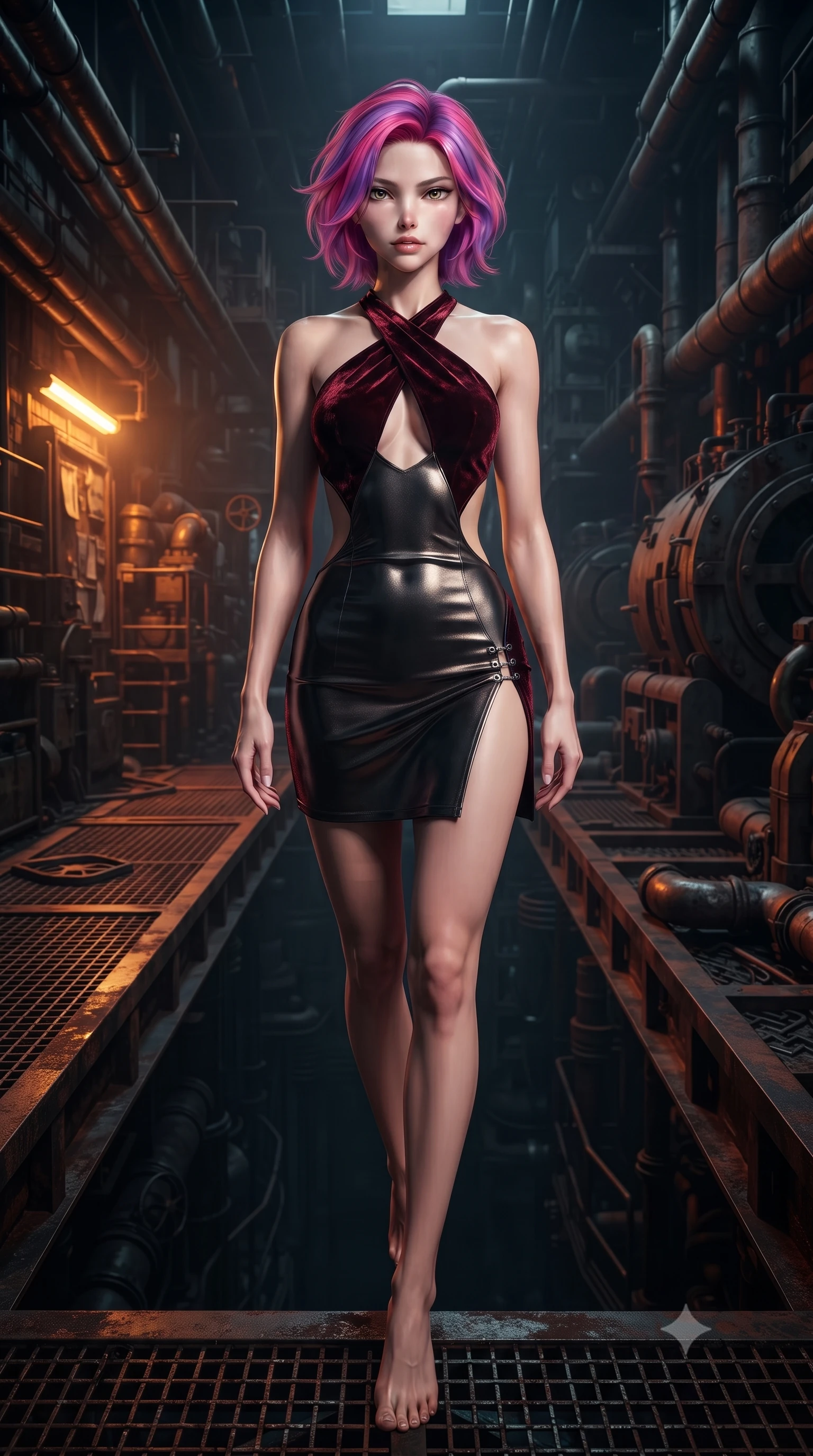score_9, masterpiece, best quality, ultra-detailed, high-budget anime keyframe, editorial fashion photography, tasteful artistic composition, Caucasian woman. low angle full-body shot from head to toe showing her feet, filling the entire 9:16 vertical frame with her statuesque presence, stretching her vertical silhouette. performing an alluring mid-air vault with flawless poise, looking directly into the camera with smoldering, predatory intensity while standing with commanding dangerous allure on a rusted metal grating suspended above a dark factory abyss. The surrounding environment is rendered in vivid detail and crisp panoramic clarity. high-contrast industrial chiaroscuro and raw cyberpunk factory textures rendered in panoramic precision. She has an absolutely perfect, statuesque 8.5-heads proportion, an exceptionally tall and slender model-like female figure with impossibly long slender legs, a toned flat midriff, and an ultra-slim waist. sharp v-shaped jawline, high-bridge nose, intricate jewel-like eyes with depth, thick eyelashes, glossy lips with a natural sheen, flawlessly proportioned anatomical accuracy, strict slender model proportions, natural body alignment, perfectly sculpted long slender limbs, ultra-slim waistline, clean dynamic posture without body distortion. wearing a molten gunmetal liquid-metal mini dress featuring deep side-waist cutouts and a daring crossover halter neckline in midnight onyx black and deep blood crimson, made of rich crushed velvet that catches deep directional light with soft gradients, finished with an ultra-high side slit secured by miniature magnetic clasps, the sleek second-skin cut tightly hugging her graceful clavicle, narrow waist, and feminine curves with athletic precision. bathed in high-contrast amber-orange hazard backlighting and cool shadow fill. ultra-reflective glossy finish, specular highlights, dark metallic sheen, deep chiaroscuro contrast, volumetric dynamic shadow lighting, 2k, ultra detail, master piece, 9:16 ratio