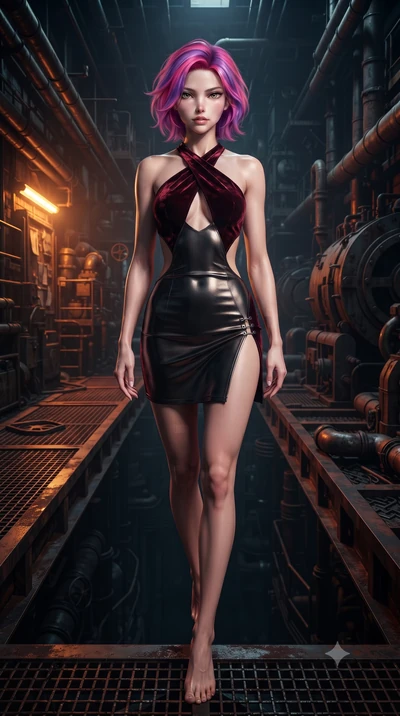 score_9, masterpiece, best quality, ultra-detailed, high-budget anime keyframe, editorial fashion photography, tasteful artistic composition, Caucasian woman. low angle full-body shot from head to toe showing her feet, filling the entire 9:16 vertica