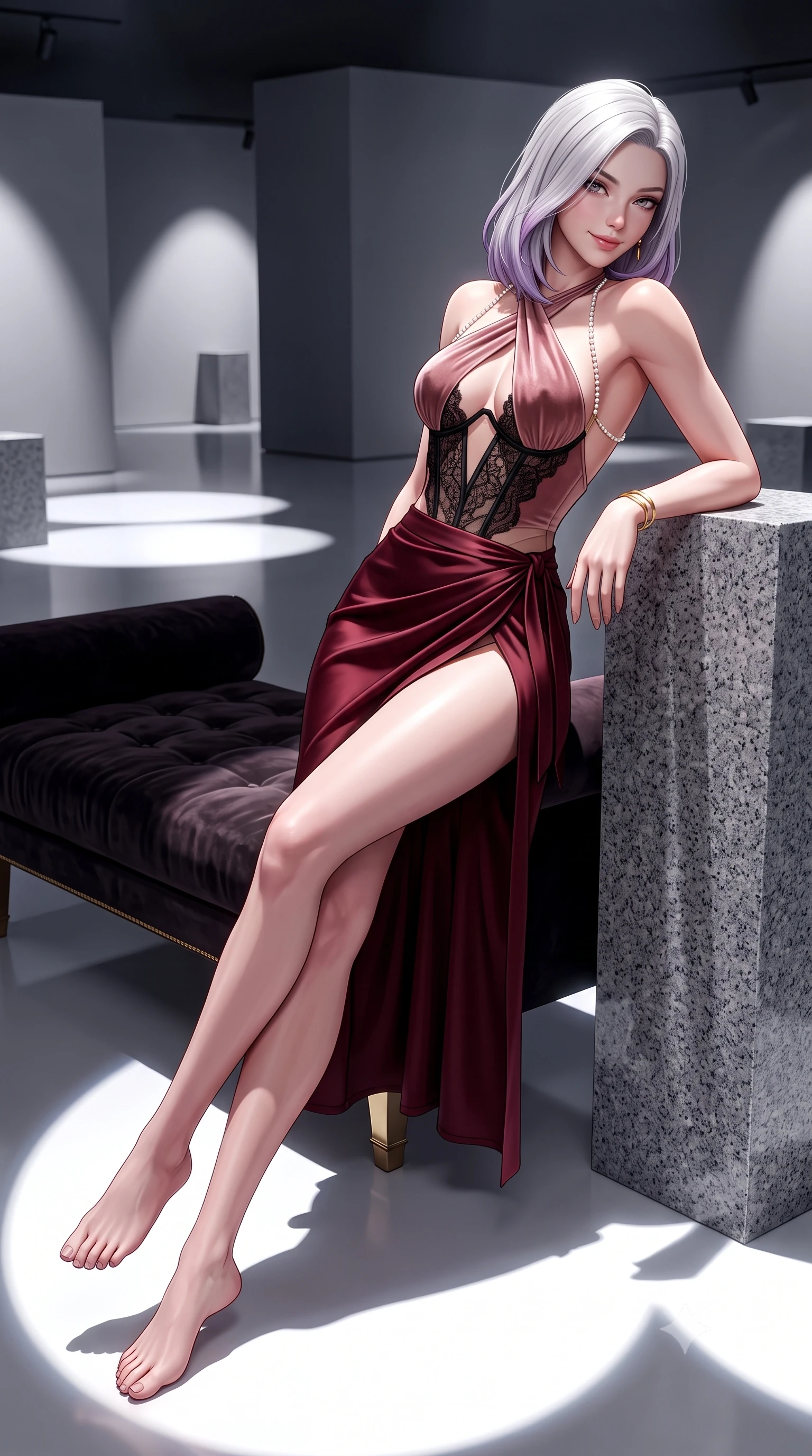score_9, masterpiece, best quality, ultra-detailed, high-budget anime keyframe, semi-realistic 3D game render, editorial fashion photography, tasteful artistic composition, Caucasian woman. low angle full-body shot from head to toe showing her feet, filling the entire 9:16 vertical frame with her statuesque presence, stretching her vertical silhouette. lounging on the lavish daybed with legs crossed and hips angled toward the camera, displaying her toned midriff and long slender limbs with effortless siren poise while leaning against a honed granite pedestal with hips cocked back, looking over a bare shoulder with an intoxicating bedroom-gaze. The surrounding environment is rendered in vivid detail and crisp panoramic clarity: detailed sheer illusion mesh gown inserts, gold jewelry glints, and contemporary exhibition space design in razor-sharp precision. She has an absolutely perfect, statuesque 8.5-heads proportion, an exceptionally tall and slender model-like female figure with impossibly long slender legs, an ultra-slim waist, a flat toned midriff, narrow delicate ribcage, and beautifully sculpted feminine hips creating a graceful, slim hourglass silhouette without any bulky heaviness. sharp v-shaped jawline, high-bridge nose, sparkling eyes with hypnotic seductive depth, thick curled eyelashes, glossy parted lips with a natural dewy peach sheen, alluring bedroom-eyes with an enchanting coquettish smile, exuding magnetic siren charisma and sophisticated glamour, flawlessly proportioned anatomical accuracy, strict slender model proportions, natural body alignment, perfectly sculpted long slender limbs, ultra-slim waistline, clean dynamic posture without body distortion. wearing a high-waisted dark crimson satin wrap sarong skirt with hip-high slit paired with a plunging criss-cross halter corset in dusky blush rose and antique black lace, tailored from ultra-plush velvet with rich tactile depth and deep shadow gradients, accented with a pearl-drop body harness subtly framing her dewy collarbones and spine, the precision-cut side openings and low-back scoop framing her graceful spine and the sensual sweep of her slim, toned hips. bathed in dramatic spotlighting casting crisp geometric pooling circles of white light on the floor. highly saturated vibrant anime colors, detailed shading with soft gradients, rich glossy textures, high-contrast stereoscopic depth, volumetric dynamic lighting, master piece, 9:16 ratio