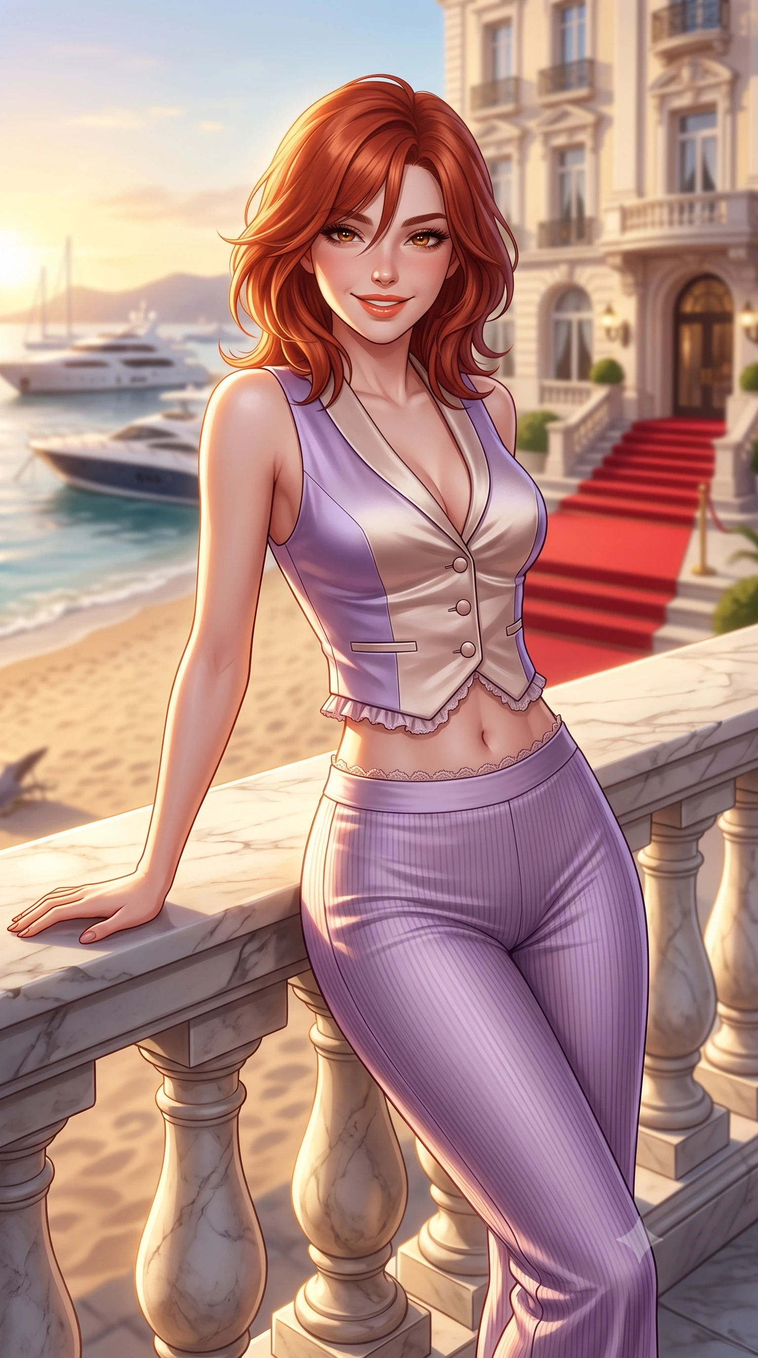 score_9, masterpiece, best quality, ultra-detailed, high-budget anime keyframe, semi-realistic 3D game render, editorial fashion photography, tasteful artistic composition, Korean woman. close-up cowboy shot from the waist and thighs up, the character dominates the composition, filling the frame with her large presence. leaning back against the sunlit marble railing with relaxed seductive grace, her flat midriff and narrow waist highlighted as golden hour light traces her curves while leaning against the classical stone balustrade with hips cocked back, casting an alluring bedroom-gaze over the sandy beach and anchored yachts. The composition keeps background elements in soft focus with dreamy creamy bokeh. the grand belle-époque palace hotel facade and red carpet entrance softened in prestigious Riviera shallow focus. She has an exceptionally elegant, slender, and willowy female figure with an ultra-slim waist, flat toned midriff, narrow ribcage, and sculpted feminine hips creating an alluring, slim hourglass silhouette without bulk. sharp v-shaped jawline, high-bridge nose, sparkling amber-hazel eyes with depth, long lush eyelashes, glossy sun-kissed lips with a warm coral glaze, radiant teasing smile with sensual sunlit bedroom-eyes, exuding effortless old-money elegance and intoxicating sun-drenched allure, flawlessly proportioned anatomical accuracy, strict slender model proportions, natural body alignment, perfectly sculpted long slender limbs, ultra-slim waistline, clean dynamic posture without body distortion. wearing a tailored satin resort vest worn closed against bare skin with high-waisted silk palazzo pants cinched at her narrow waist in soft lavender violet and champagne shimmer, formed from supple second-skin stretch ribbed knit clinging to her form, finished with subtle ruffle trims and delicate scallop lace edging, the form-fitting cut adhering flawlessly to her sculpted flat midriff and slender torso, emphasizing her long leg lines and perfectly proportioned willowy build. bathed in brilliant golden hour sunset illumination streaming across the French Riviera coastline. highly saturated vibrant anime colors, detailed shading with soft gradients, rich glossy textures, high-contrast stereoscopic depth, volumetric dynamic lighting, master piece, 9:16 ratio