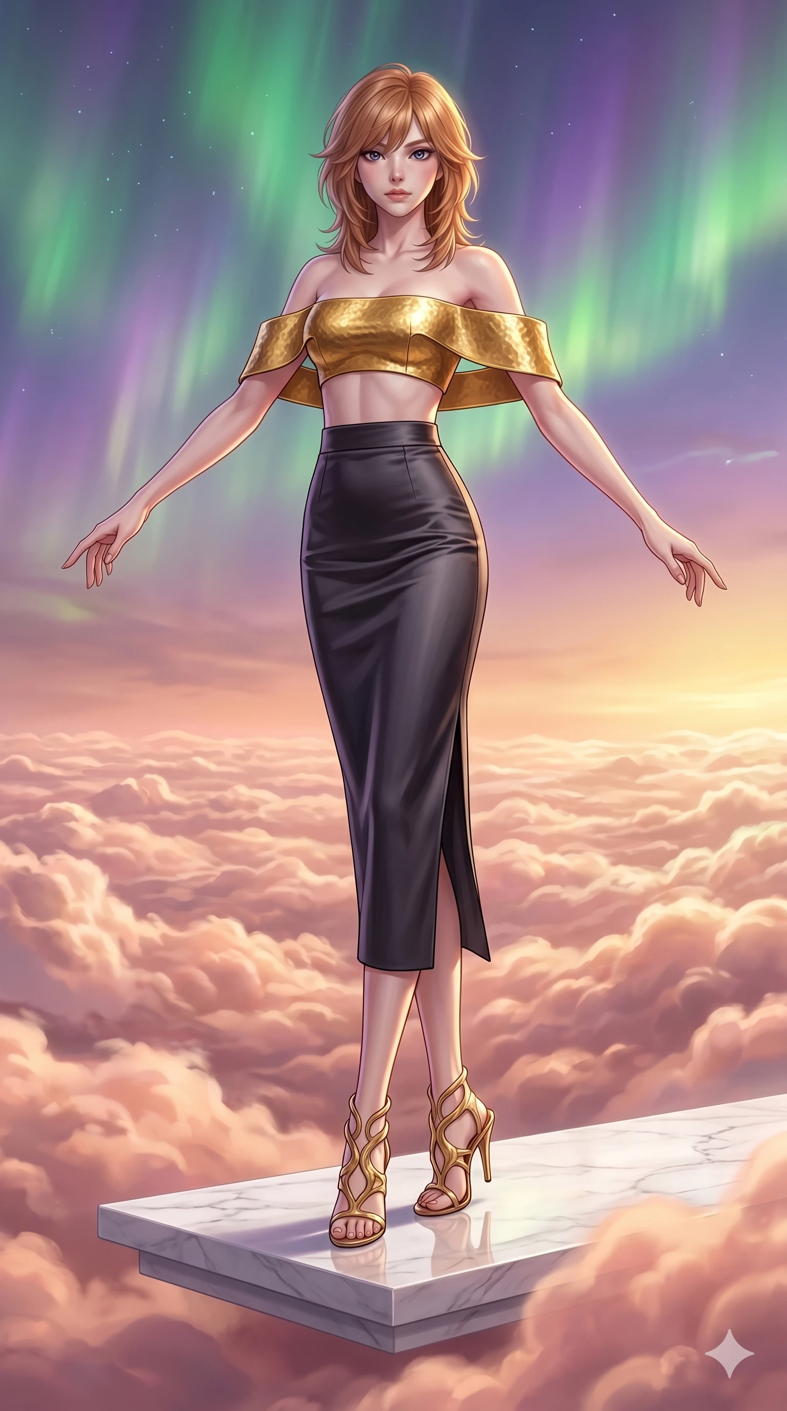 score_9, masterpiece, best quality, ultra-detailed, high-budget anime keyframe, editorial fashion photography, tasteful artistic composition, Korean woman. low angle full-body shot from head to toe showing her feet, filling the entire 9:16 vertical frame with her statuesque presence, stretching her vertical silhouette. Balancing with elegant poise on tiptoe with arms extended atop a floating white marble terrace above a sea of luminous rose-gold clouds. She has an absolutely perfect 8-heads proportion, an exceptionally tall and slender female figure with impossibly long slender legs and an ultra-slim waist. V-shaped jawline, high-bridge nose, intricate jewel-like eyes with depth, thick eyelashes, glossy lips with a natural sheen. wearing a bold architectural bandeau top in hammered gold fabric with wide sculptural supports and clean geometric edges, paired with a high-waist satin column midi skirt in deep charcoal with a back slit. illuminated by a shifting aurora palette of green, violet, and gold from above, wrapping her in color. 2k, ultra detail, master piece, 9:16 ratio