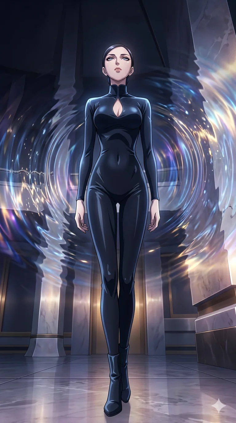 score_9, masterpiece, best quality, ultra-detailed, High-budget Anime Keyframe, vibrant colors, fluid line-art, expressive lighting, cinematic composition, Ufotable-style visual effects, top-tier animation quality, Japanese woman with delicate and elegant anime-inspired features. Low angle cowboy shot filling the entire 9:16 frame with her statuesque presence, looking up to emphasize her height. Commanding sonic vibrations that ripple through the air as visible distortions of light. She has an absolutely perfect 8-heads proportion, an exceptionally tall and slender female figure with impossibly long slender legs and an ultra-slim waist, her statuesque height and towering silhouette dominating the vertical 9:16 frame. Her face is a masterpiece featuring a sharp v-shaped jawline, high-bridge nose, intricate jewel-like eyes with depth, thick eyelashes, and glossy lips with a natural sheen. She is wearing a Sleek liquid-silk jumpsuit that clings to her frame, with a high collar and a small strategic teardrop cutout. The scene is set in a chamber of echoes where every sound creates beautiful liquid patterns in the air. 2k, ultra detail, master piece, 9:16 ratio