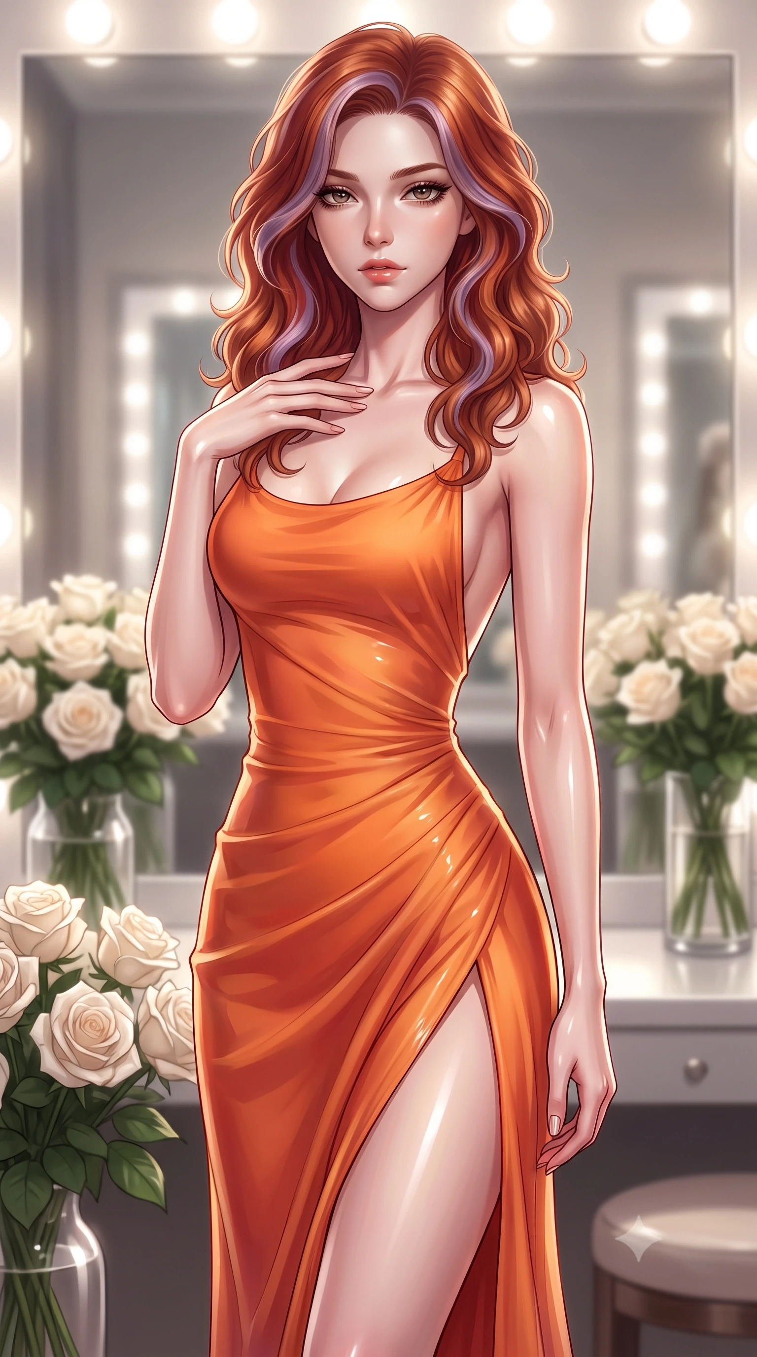 score_9, masterpiece, best quality, ultra-detailed, high-budget anime keyframe, editorial fashion photography, tasteful artistic composition, Caucasian woman. close-up cowboy shot from the waist and thighs up, the character dominates the composition, filling the frame with her large presence, background elements kept in soft focus. standing with one hand resting on her collarbone, looking at the viewer with bedroom-eyes the background shows a soft-focus the private dressing room of a lead soprano with bouquets of white roses. She has an exceptionally elegant, slender, and willowy female figure with an ultra-slim waist, a gracefully sculpted slender torso, and a refined silhouette. sharp v-shaped jawline, high-bridge nose, intricate jewel-like eyes with depth, thick eyelashes, glossy lips with a natural sheen. wearing a body-hugging high-slit resort gown in sunset orange chiffon, featuring a daring thigh-slit and open back. soft vanity lighting reflecting off the mirrors to create a glowing frame. ultra-reflective glossy finish, specular highlights, metallic sheen, high-contrast stereoscopic depth, volumetric dynamic lighting, 2k, ultra detail, master piece, 9:16 ratio
