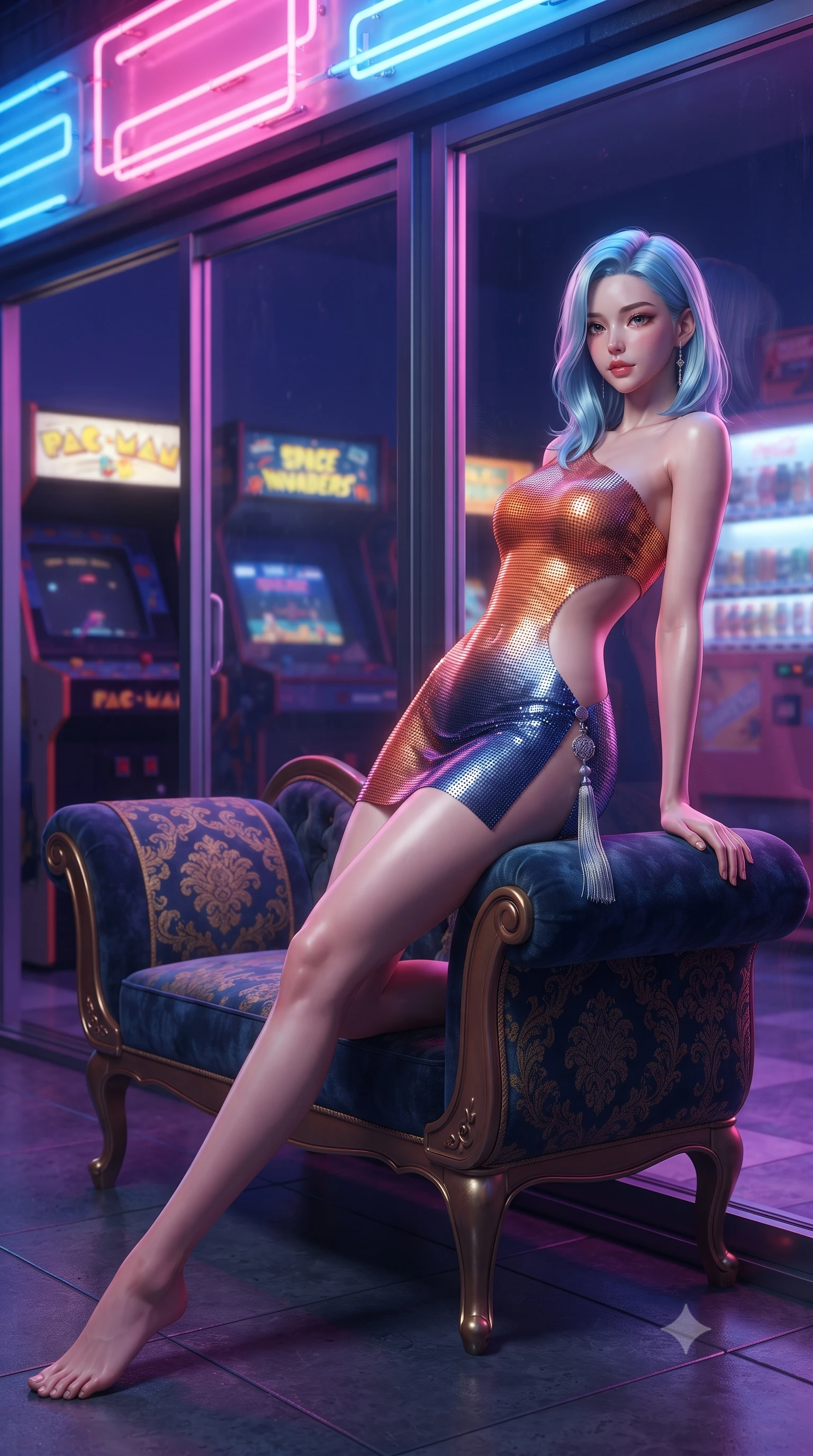 score_9, masterpiece, best quality, ultra-detailed, high-budget anime keyframe, editorial fashion photography, tasteful artistic composition, Korean woman. low angle full-body shot from head to toe showing her feet, filling the entire 9:16 vertical frame with her statuesque presence, stretching her vertical silhouette. reclining gracefully across the plush chaise lounge with one leg extended, her sculpted silhouette and flat midriff radiating magnetic nocturnal glamour while leaning against the glowing glass storefront of a retro arcade, arching her lower back to accentuate her curvy hips with playful seduction. The background shows a soft-focus vending machine glows softened in nostalgic retro city shallow focus. She has an absolutely perfect, statuesque 8.5-heads proportion, an exceptionally tall and slender model-like female figure with impossibly long slender legs, an ultra-slim waist, a flat toned midriff, narrow delicate ribcage, and beautifully sculpted feminine hips creating a graceful, slim hourglass silhouette without any bulky heaviness. sharp v-shaped jawline, high-bridge nose, sparkling eyes with hypnotic seductive depth, thick curled eyelashes, glossy parted lips with a natural dewy peach sheen, alluring bedroom-eyes with an enchanting coquettish smile, exuding magnetic siren charisma and sophisticated glamour, flawlessly proportioned anatomical accuracy, strict slender model proportions, natural body alignment, perfectly sculpted long slender limbs, ultra-slim waistline, clean dynamic posture without body distortion. wearing an asymmetric one-shoulder metallic disco mini dress with a dramatic side cutout hugging her waist and hips in sunset tangerine orange and deep navy indigo, crafted from shimmering fluid chainmail mesh reflecting ambient neon lights, accented with an intricate silver norigae tassel swaying gracefully along her curving hip line, the liquid-tight tailored fabric clinging flawlessly to her narrow waist and rounded feminine hips, emphasizing every millimeter of her sculpted slim hourglass curves without any bulky heaviness. bathed in saturated neon pink and cobalt blue light spilling horizontally from arcade marquees. ultra-reflective glossy finish, specular highlights, rich textural contrasts, high-contrast stereoscopic depth, volumetric dynamic lighting, 2k, ultra detail, master piece, 9:16 ratio