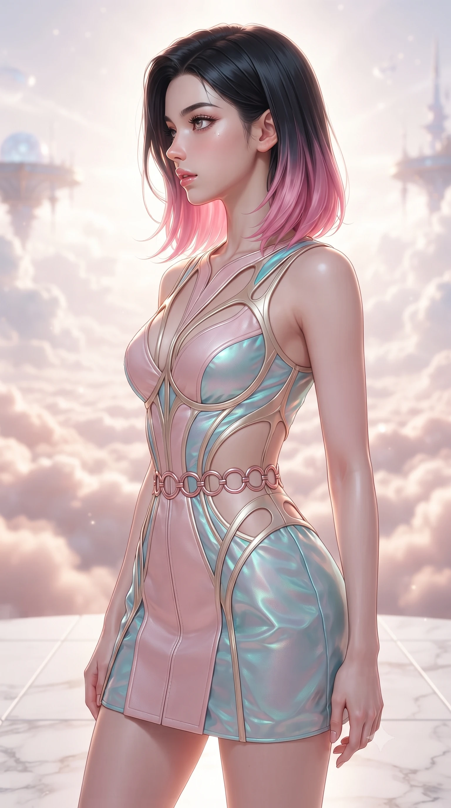 score_9, masterpiece, best quality, ultra-detailed, high-budget anime keyframe, editorial fashion photography, tasteful artistic composition, Korean woman. close-up cowboy shot from the waist and thighs up, the character dominates the composition, filling the frame with her large presence, background elements kept in soft focus. Turning her face in sharp dramatic profile against the radiant light, standing on a white marble terrace floating high above a sea of rose-gold cloud waves, white marble terrace creating a crisp architectural ground plane. She has an exceptionally elegant, slender, and willowy female figure with an ultra-slim waist, a gracefully sculpted slender torso, and a refined silhouette. sharp v-shaped jawline, high-bridge nose, intricate jewel-like eyes with depth, thick eyelashes, glossy lips with a natural sheen. wearing architectural cut-out pale pink leather mini dress with sculpted gold boning in champagne gold, made of iridescent turquoise taffeta, trimmed with rose-gold ring hardware along the waist contours, the fitted fabric emphasizing her ultra-slim waist. surrounded by an airy, ethereal ambiance with radiant white highlights. highly saturated vibrant anime colors, detailed shading with soft gradients, rich glossy textures, high-contrast stereoscopic depth, volumetric dynamic lighting, master piece, 9:16 ratio