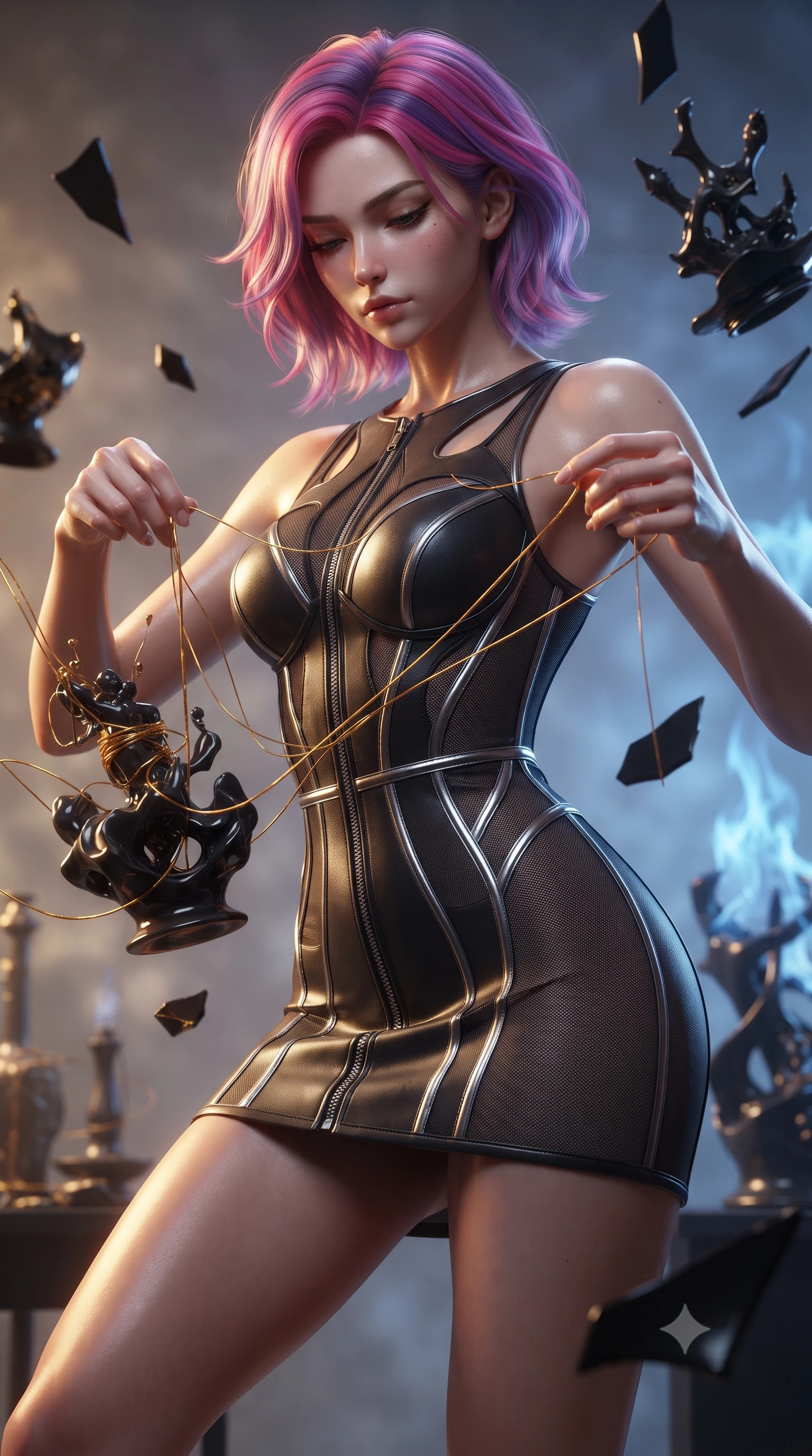 score_9, masterpiece, best quality, ultra-detailed, high-budget anime keyframe, editorial fashion photography, tasteful artistic composition, Caucasian woman. close-up cowboy shot from the waist and thighs up, the character dominates the composition, filling the frame with her large presence, background elements kept in soft focus. Looking down with lowered lashes and a composed, powerful dark aura, threading molten gold threads through dark Bisque porcelain sculptures, floating black porcelain shards casting sharp shadows in zero gravity. She has an exceptionally elegant, slender, and willowy female figure with an ultra-slim waist, a gracefully sculpted slender torso, and a refined silhouette. sharp v-shaped jawline, high-bridge nose, intricate jewel-like eyes with depth, thick eyelashes, glossy lips with a natural sheen. wearing architectural cut-out dark leather mini dress with sculpted metallic boning in smoky pitch black, made of fine dark contouring mesh, finished with metallic silver boning and sleek zipper points, contouring every curve with an exceptionally elegant silhouette. bathed in dramatic contrast of warm gold liquid light and cool blue alchemy flames. ultra-reflective glossy finish, specular highlights, metallic sheen, high-contrast stereoscopic depth, volumetric dynamic lighting, 2k, ultra detail, master piece, 9:16 ratio