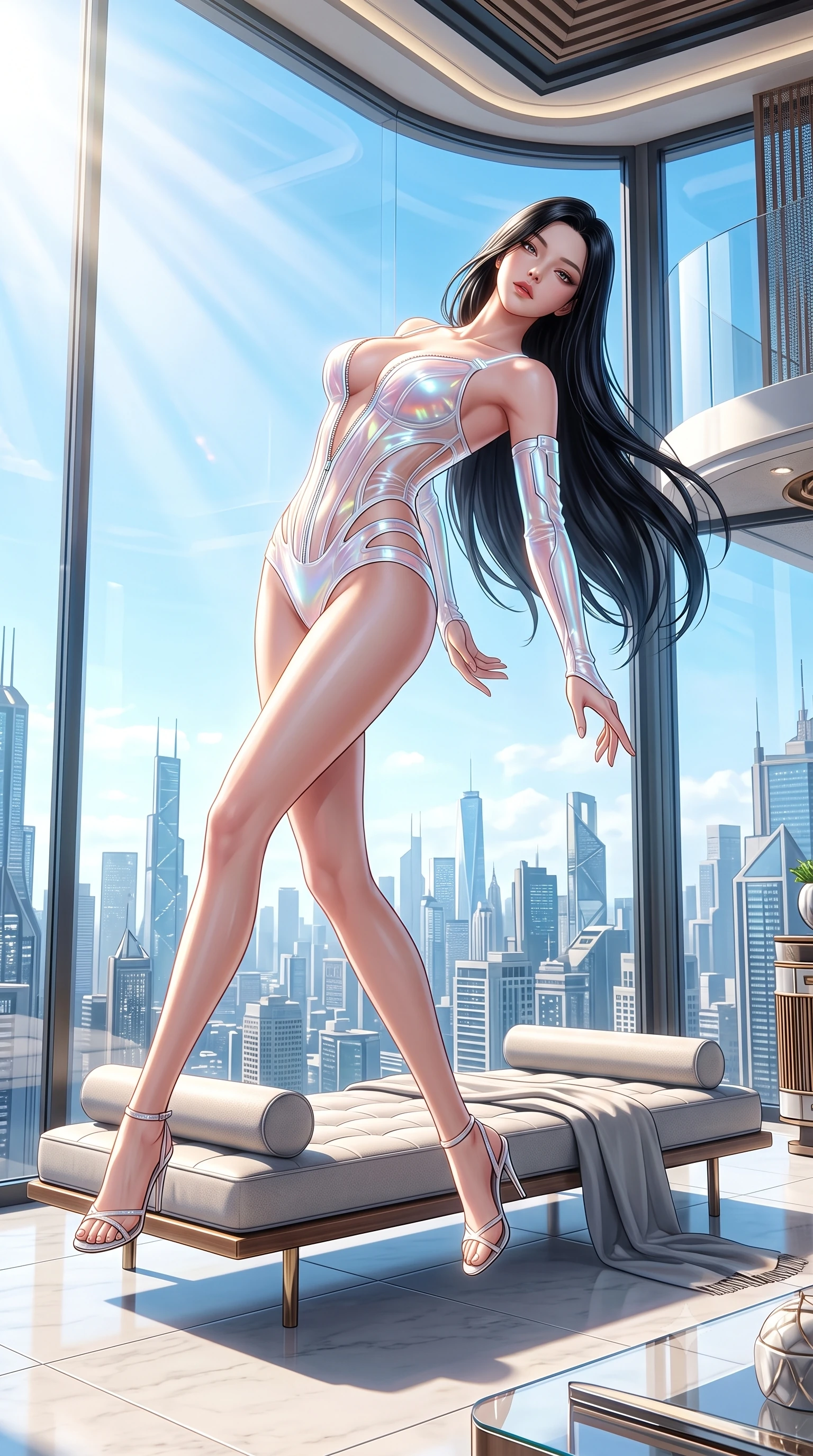 score_9, masterpiece, best quality, ultra-detailed, high-budget anime keyframe, semi-realistic 3D game render, editorial fashion photography, tasteful artistic composition, Korean woman. low angle full-body shot from head to toe showing her feet, filling the entire 9:16 vertical frame with her statuesque presence, stretching her vertical silhouette. arching her back in a fluid zero-gravity turn with sovereign grace, her long slender legs and sculpted torso creating a sweeping line while lounging seductively in a minimalist designer daybed framed by bright morning sunbeams and city sky views. The surrounding environment is rendered in vivid detail and crisp panoramic clarity. intricate city skyline details, clear daylight sky clouds, and modern luxury interior design in high clarity. She has an absolutely perfect, statuesque 8.5-heads proportion, an exceptionally tall and slender model-like female figure with impossibly long slender legs, a toned flat midriff, and an ultra-slim waist. sharp v-shaped jawline, high-bridge nose, intricate jewel-like eyes with depth, thick eyelashes, glossy lips with a natural sheen, flawlessly proportioned anatomical accuracy, strict slender model proportions, natural body alignment, perfectly sculpted long slender limbs, ultra-slim waistline, clean dynamic posture without body distortion. wearing a translucent cybernetic corset in semi-opaque structured vinyl, combined with detached sleeves and a deep-plunging neckline secured by glowing micro-straps in glistening liquid pearl white with rainbow opalescence, tailored from semi-translucent cybernetic vinyl with glowing micro-filaments, featuring a dangerously unzipped neckline framed by glowing cybernetic accents, the precision-cut daring openings accentuating her delicate midriff, graceful bare collarbones, and ultra-slim feminine waistline. bathed in bright, clean high-key natural sunlight flooding through panoramic glass walls. highly saturated vibrant anime colors, detailed shading with soft gradients, rich glossy textures, high-contrast stereoscopic depth, volumetric dynamic lighting, master piece, 9:16 ratio