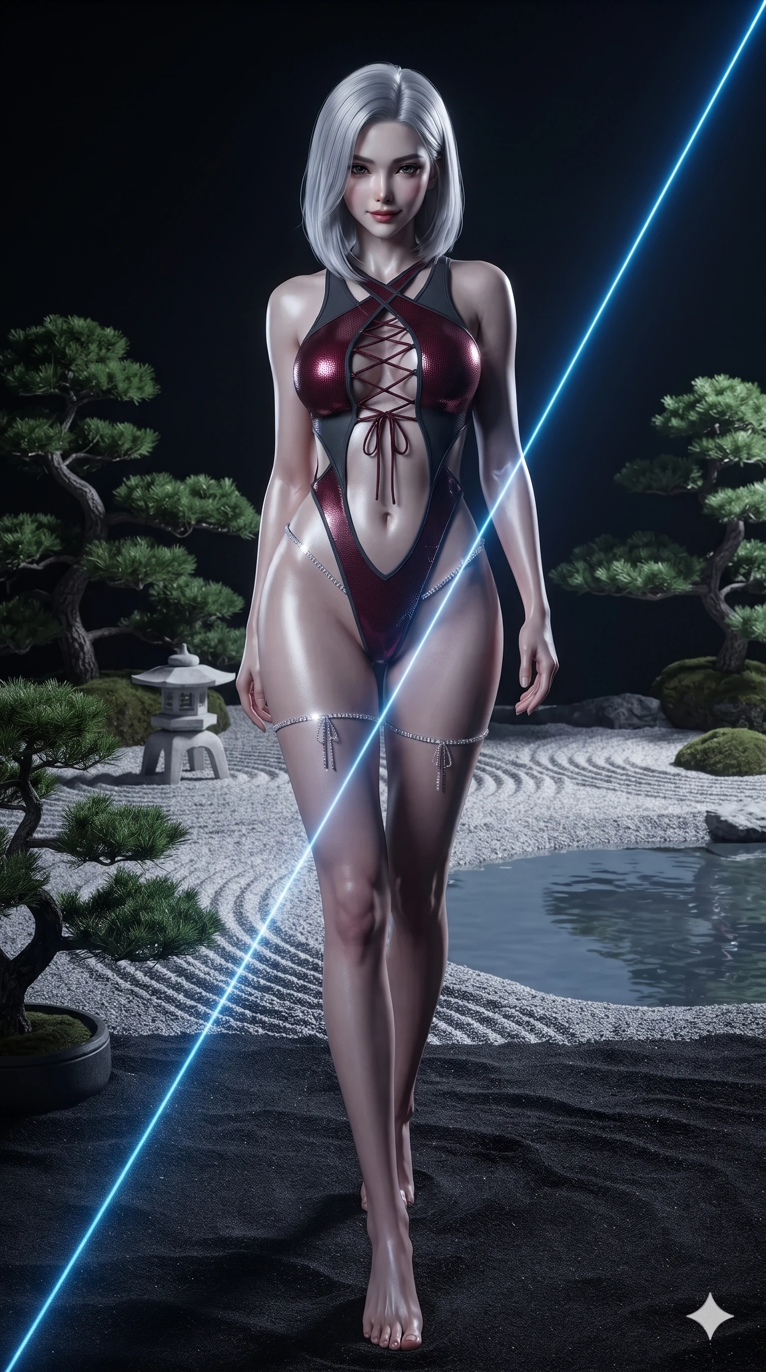 score_9, masterpiece, best quality, ultra-detailed, high-budget anime keyframe, editorial fashion photography, tasteful artistic composition, Korean woman. low angle full-body shot from head to toe showing her feet, filling the entire 9:16 vertical frame with her statuesque presence, stretching her vertical silhouette. stepping forward into the sharp laser beam, her long slender legs and curvy hips creating a sweeping vertical line while twisting her slender torso in an alluring contrapposto stance, cool full-moon beams tracing her flat midriff and curvy hips. The surrounding environment is rendered in vivid detail and crisp panoramic clarity: detailed liquid mercury metallic gown tailoring, hip-high side slit, and traditional Japanese garden craft in razor-sharp precision. She has an absolutely perfect, statuesque 8.5-heads proportion, an exceptionally tall and slender model-like female figure with impossibly long slender legs, an ultra-slim waist, a flat toned midriff, narrow delicate ribcage, and beautifully sculpted feminine hips creating a graceful, slim hourglass silhouette without any bulky heaviness. sharp v-shaped jawline, high-bridge nose, intricate jewel-like dark sparkling eyes with hypnotic seductive depth, thick curled eyelashes, glossy parted lips with a natural wine sheen, alluring bedroom-eyes with an enigmatic smoldering smile, exuding magnetic sovereign charisma and dark avant-garde glamour, flawlessly proportioned anatomical accuracy, strict slender model proportions, natural body alignment, perfectly sculpted long slender limbs, ultra-slim waistline, clean dynamic posture without body distortion. wearing a low-slung cutaway leather bodysuit with bare hip flanks and criss-cross cord ties in deep crimson burgundy and matte charcoal, crafted from stretch micro-mesh with metallic foil coating that shimmers in the laser light, finished with delicate crystal-encrusted thigh garter straps glinting in the laser glare, accentuating her gracefully sculpted slender torso and statuesque proportions. bathed in the blinding, crisp 5500K silver light of the full moon casting razor-sharp shadows across the black sand. ultra-reflective glossy finish, specular highlights, metallic sheen, high-contrast stereoscopic depth, volumetric dynamic lighting, 2k, ultra detail, master piece, 9:16 ratio