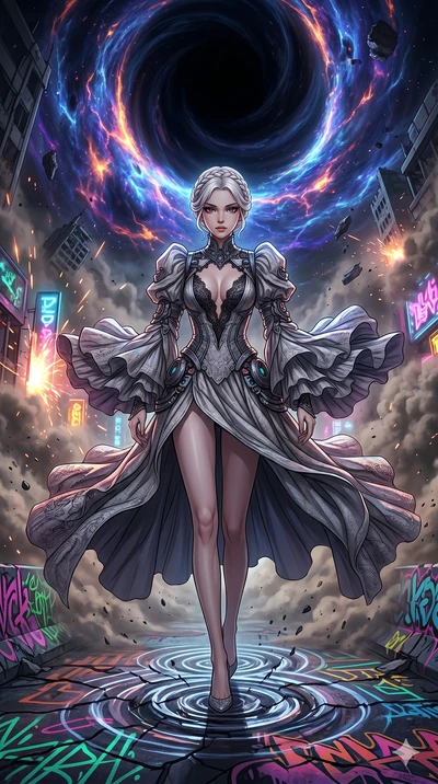 score_9, masterpiece, best quality, ultra-detailed, Set A: High-budget Anime Keyframe, Japanese woman. Low angle cowboy shot filling the entire 9:16 frame with her statuesque presence. Theme: Urban Decay. unleashing a massive energy wave in the edge 