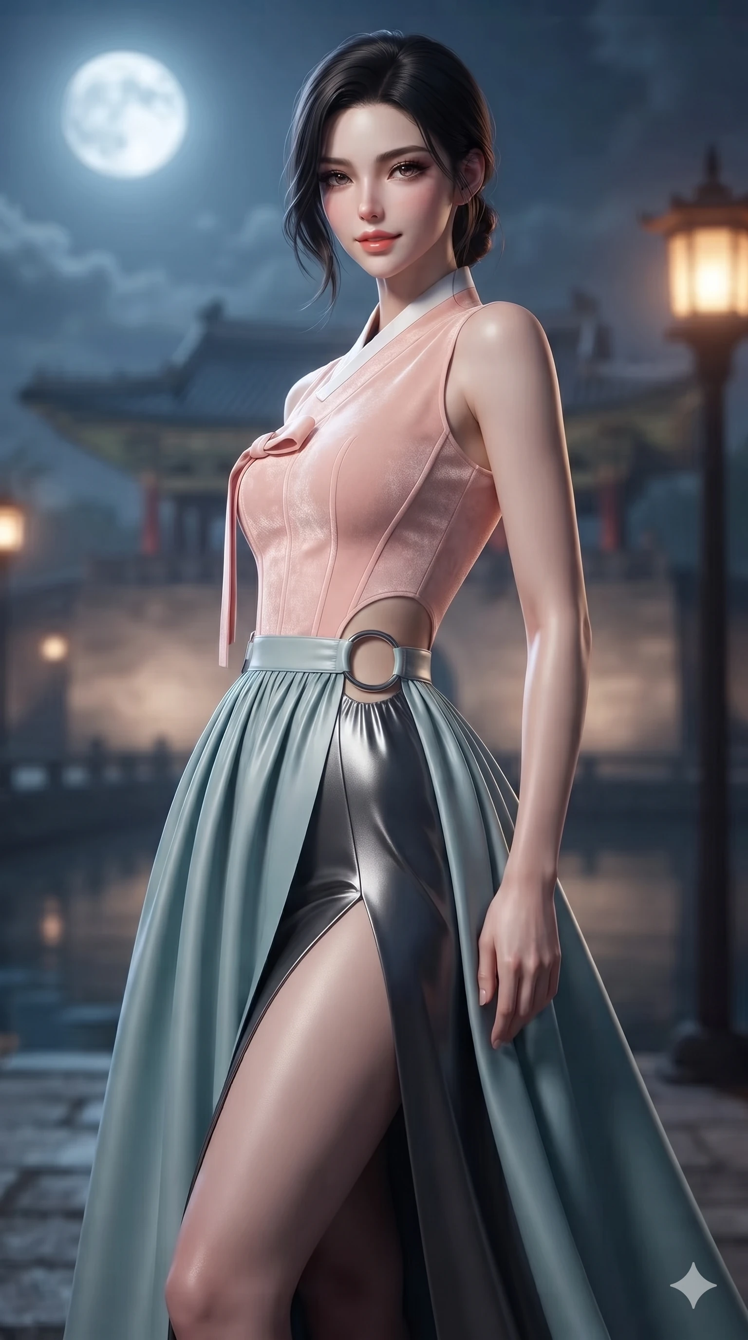 score_9, masterpiece, best quality, ultra-detailed, high-budget anime keyframe, editorial fashion photography, tasteful artistic composition, Korean woman. close-up cowboy shot from the waist and thighs up, the character dominates the composition, filling the frame with her large presence. twisting her slender torso in a deep contrapposto stance, hips dramatically shifted to accentuate her feminine curves while looking past her shoulder with smoldering bedroom-eyes while standing poised on the submerged granite pier of the palace water gate, arching her spine with sovereign supermodel grace. The background shows a soft-focus historic royal palace moat softened in atmospheric architectural shallow focus. She has an exceptionally elegant, slender, and willowy female figure with an ultra-slim waist, flat toned midriff, narrow ribcage, and sculpted feminine hips creating an alluring, slim hourglass silhouette without bulk. sharp v-shaped jawline, high-bridge nose, sparkling eyes with hypnotic seductive depth, thick curled eyelashes, glossy parted lips with a natural dewy peach sheen, alluring bedroom-eyes with an enchanting coquettish smile, exuding magnetic siren charisma and sophisticated glamour, flawlessly proportioned anatomical accuracy, strict slender model proportions, natural body alignment, perfectly sculpted long slender limbs, ultra-slim waistline, clean dynamic posture without body distortion. wearing a tailored silk velvet hanbok corset top paired with an ankle-length fluid chima skirt with a thigh-high slit in pastel peach blossom and celadon porcelain blue, made of liquid dark mercury jersey with seamless sculpting hold and fluid drape, accented with sculptural chrome hardware rings framing the subtle cutouts, the impeccably tailored cut draping gracefully along her slender figure with aristocratic eastern poise. bathed in celestial full-moon light contrasting with warm architectural gate lanterns. ultra-reflective glossy finish, specular highlights, rich textural contrasts, high-contrast stereoscopic depth, volumetric dynamic lighting, 2k, ultra detail, master piece, 9:16 ratio
