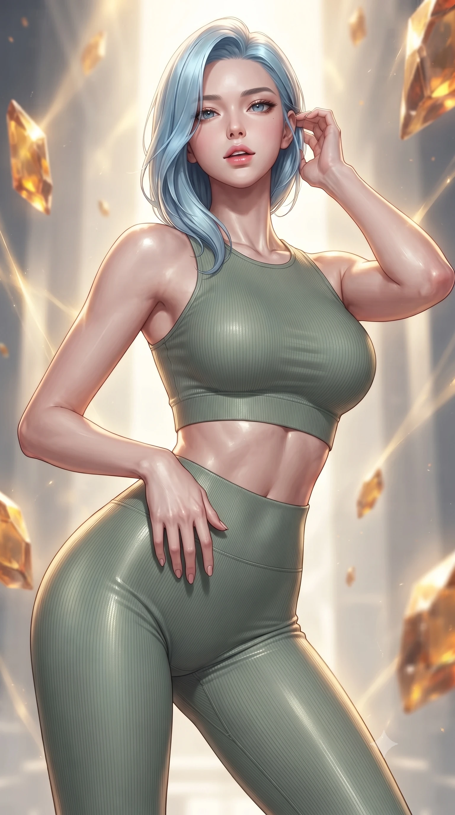 score_9, masterpiece, best quality, ultra-detailed, high-budget anime keyframe, editorial fashion photography, tasteful artistic composition, Korean woman woman. close-up cowboy shot from the waist and thighs up, the character dominates the composition, filling the frame with her large presence, background elements kept in soft focus. She has an exceptionally elegant, slender, and willowy female figure with an ultra-slim waist, a gracefully sculpted slender torso, and a refined silhouette. tilting her chin up slightly with lips parted in a composed and alluring expression, flawlessly proportioned anatomical accuracy, natural body alignment, perfectly sculpted elegant limbs, clean dynamic posture without body distortion. set against a soft-focus background of a temporal corridor with floating amber time crystals. wearing a tight-fitting sage green ribbed activewear set with a body-hugging silhouette. bathed in golden temporal energy flares casting dramatic volumetric rim lighting. ultra-reflective glossy finish, specular highlights, metallic sheen, high-contrast stereoscopic depth, volumetric dynamic lighting, 2k, ultra detail, master piece, 9:16 ratio