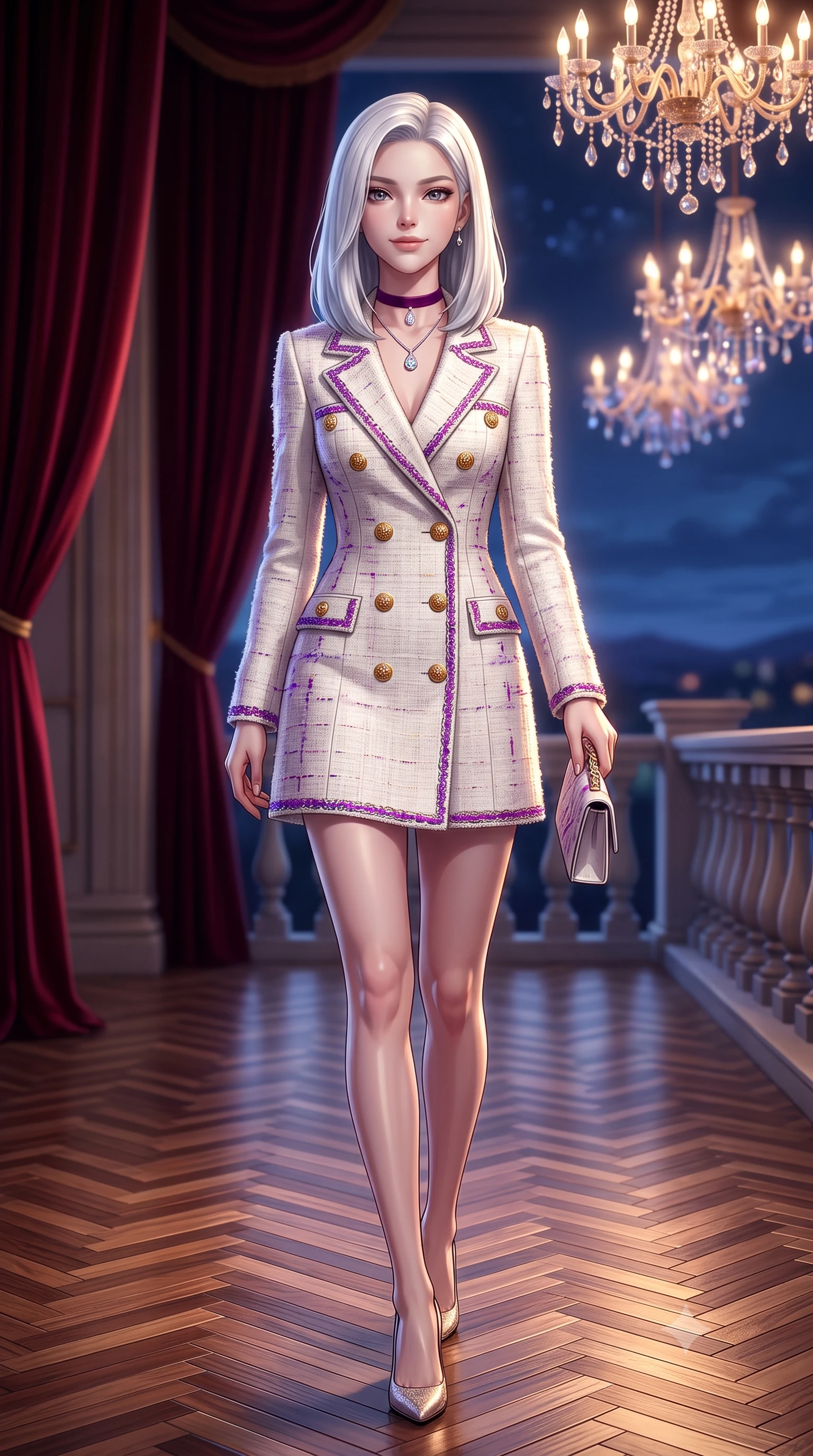 score_9, masterpiece, best quality, ultra-detailed, high-budget anime keyframe, semi-realistic 3D game render, editorial fashion photography, tasteful artistic composition, Korean woman. low angle full-body shot from head to toe showing her feet, filling the entire 9:16 vertical frame with her statuesque presence, stretching her vertical silhouette. walking along the terrace with poise, looking back over her bare shoulder with an irresistible smoldering bedroom-gaze while striding slowly across the mirror-polished chevron parquet floor with tall model strides, her outfit swaying gracefully around her slender legs. The background shows a soft-focus deep crimson velvet portieres softened in aristocratic imperial state apartment shallow focus. She has an exceptionally tall and slender model-like 8.5-heads proportion, an ultra-slim waist, a flat toned midriff, narrow delicate ribcage, and beautifully sculpted feminine hips creating a graceful, slim hourglass silhouette without any bulky heaviness, with impossibly long slender legs. sharp v-shaped jawline, high-bridge nose, intricate jewel-like sparkling eyes with depth, thick eyelashes, glossy parted lips with a natural peach sheen, bright cheerful beaming smile with an enchanting and coquettish sensual glint, exuding both youthful cute charm and seductive allure, flawlessly proportioned anatomical accuracy, strict slender model proportions, natural body alignment, perfectly sculpted long slender limbs, ultra-slim waistline, clean dynamic posture without body distortion. wearing a tailored ivory tweed double-breasted blazer dress with gold heraldic crest buttons in Supertree bioluminescent magenta and electric violet, tailored from ultra-plush silk velvet with rich tactile depth and deep shadow gradients, finished with a thin velvet ribbon choker and a single teardrop diamond pendant, the bespoke structured tailoring following the natural line of her 8.5-heads silhouette with refined elegance. bathed in the sparkling multi-tiered illumination of antique Austrian crystal chandeliers dimmed to an evening glow. highly saturated vibrant anime colors, detailed shading with soft gradients, rich glossy textures, high-contrast stereoscopic depth, volumetric dynamic lighting, master piece, 9:16 ratio