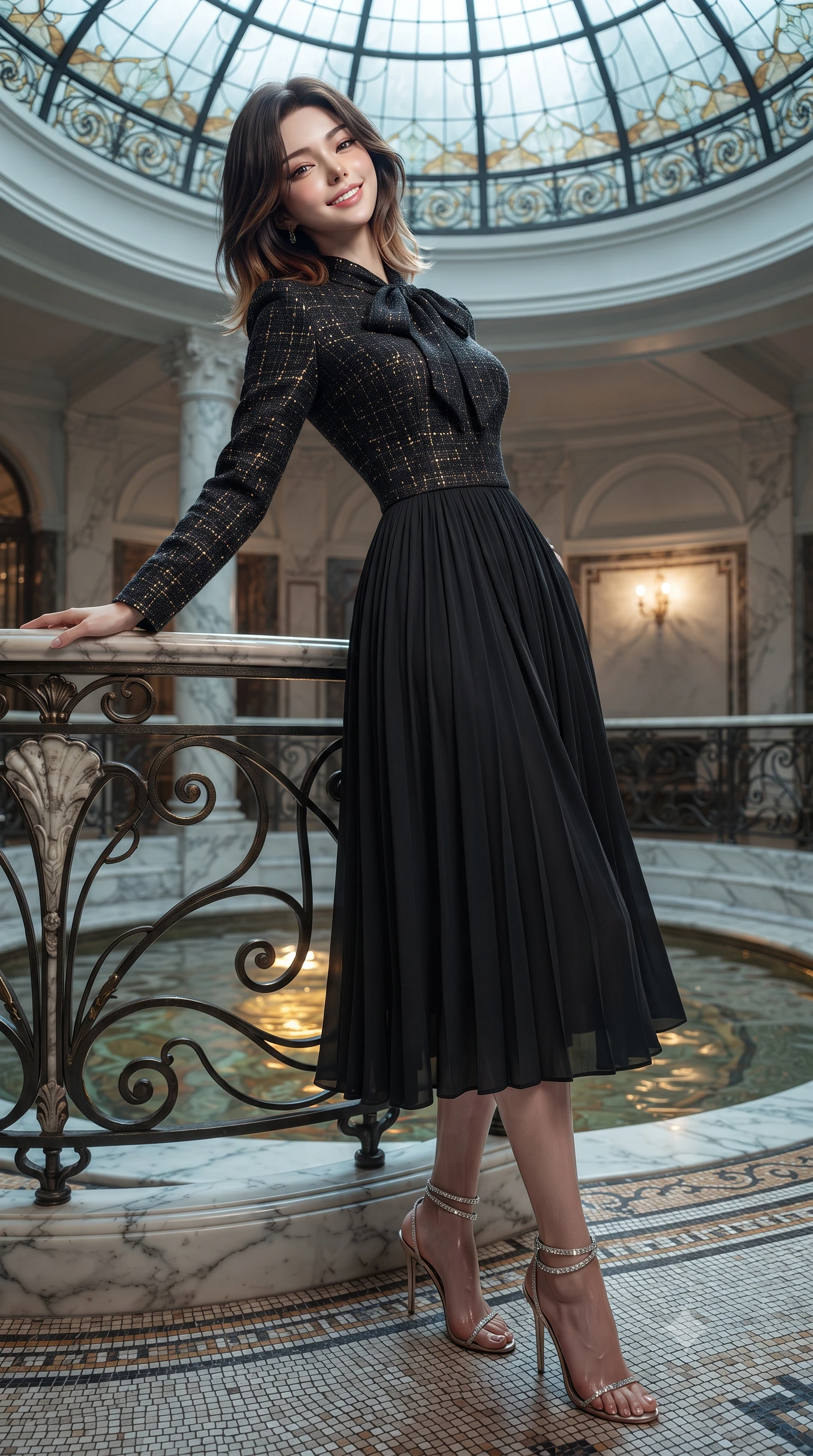 score_9, masterpiece, best quality, ultra-detailed, high-budget anime keyframe, editorial fashion photography, tasteful artistic composition, Korean woman. close-up cowboy shot from the waist and thighs up, the character dominates the composition, filling the frame with her large presence. leaning back against the balustrade with relaxed seductive grace, head tilted back slightly while casting a hypnotic, heavy-lidded gaze while standing poised on the heated mosaic floor beside the sunken circular thermal pool beneath the leaded Art Nouveau stained-glass dome, arching her back with wet-look siren grace. The surrounding environment is rendered in vivid detail and crisp panoramic clarity: detailed garment folds, intricate lace or tailored seams, and master Viennese tilework in razor-sharp precision. She has an exceptionally elegant, slender, and willowy female figure with an ultra-slim waist, flat toned midriff, narrow ribcage, and sculpted feminine hips creating an alluring, slim hourglass silhouette without bulk. sharp v-shaped jawline, high-bridge nose, intricate jewel-like sparkling eyes with depth, thick eyelashes, glossy parted lips with a natural peach sheen, bright cheerful beaming smile with an enchanting and coquettish sensual glint, exuding both youthful cute charm and seductive allure, flawlessly proportioned anatomical accuracy, strict slender model proportions, natural body alignment, perfectly sculpted long slender limbs, ultra-slim waistline, clean dynamic posture without body distortion. wearing an elegant long-sleeve silk georgette tea dress with pleated A-line skirt and neck pussy-bow in Viennese golden secession noir and imperial 24k gold leaf, woven from structured British tweed with subtle metallic flecks, complemented by strappy stiletto sandals with crystal ankle wraps accentuating her slender calves, the impeccably tailored cut draping gracefully along her slender figure with aristocratic poise. illuminated by water surface reflection bounce and sharp platinum-cyan rim lights sculpting her jawline, narrow waist, and curvy hips. ultra-reflective glossy finish, specular highlights, rich textural contrasts, high-contrast stereoscopic depth, volumetric dynamic lighting, 2k, ultra detail, master piece, 9:16 ratio
