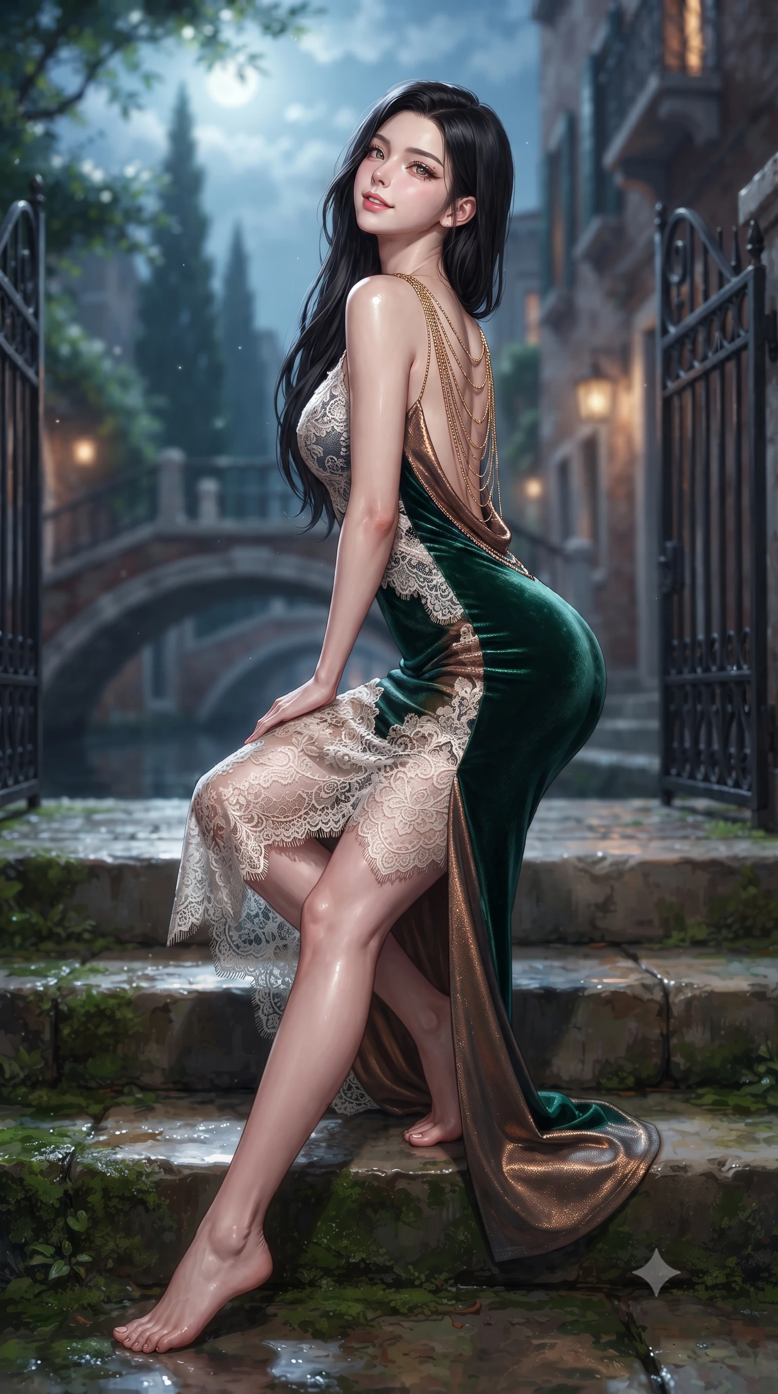 score_9, masterpiece, best quality, ultra-detailed, high-budget anime keyframe, editorial fashion photography, tasteful artistic composition, Korean woman. low angle full-body shot from head to toe showing her feet, filling the entire 9:16 vertical frame with her statuesque presence, stretching her vertical silhouette. sitting poised on the stone steps with one knee bent, arching her spine with supermodel elegance as she glances upward through thick eyelashes while standing poised on the mossy stone steps of the private palazzo water gate, arching her lower back as lagoon tide gently laps at the landing. The background shows a soft-focus quiet Venetian side canal with arched stone footbridges, moonlit cypress trees, and wrought-iron palace gates blurred into jade, silver, and indigo bokeh. She has an exceptionally tall and slender model-like 8.5-heads proportion, an ultra-slim waist, a flat toned midriff, narrow delicate ribcage, and beautifully sculpted feminine hips creating a graceful, slim hourglass silhouette without any bulky heaviness, with impossibly long slender legs. sharp v-shaped jawline, high-bridge nose, intricate jewel-like sparkling eyes with depth, thick eyelashes, glossy parted lips with a natural peach sheen, bright cheerful beaming smile with an enchanting and coquettish sensual glint, exuding both youthful cute charm and seductive allure, flawlessly proportioned anatomical accuracy, strict slender model proportions, natural body alignment, perfectly sculpted long slender limbs, ultra-slim waistline, clean dynamic posture without body distortion. wearing a delicate semi-sheer Chantilly lace slip dress with scalloped eyelash edges and an open cowl back in deep emerald velvet and shimmering bronze, woven from buttery-soft stretch lambskin leather adhering to her body like a second skin, accented with an open-back drape framed by falling strands of delicate gold chains, the form-contouring silhouette accentuating her sculpted flat midriff, narrow delicate ribcage, and gracefully curvy hips with intoxicating allure. bathed in the magical cool silver moonlight filtering through garden foliage mixed with warm lantern spill from palace windows. ultra-reflective glossy finish, specular highlights, rich textural contrasts, high-contrast stereoscopic depth, volumetric dynamic lighting, 2k, ultra detail, master piece, 9:16 ratio