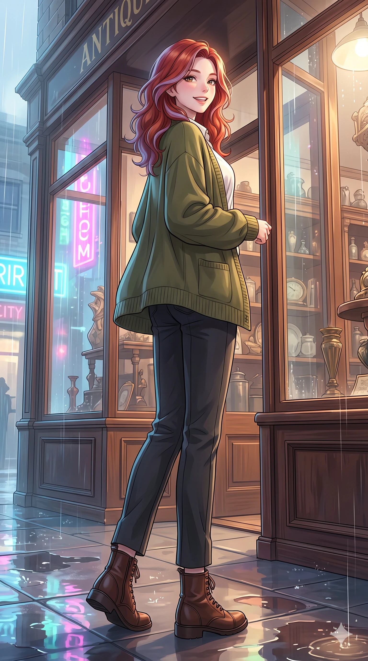 score_9, masterpiece, best quality, ultra-detailed, high-budget anime keyframe, vibrant anime aesthetic, Caucasian woman, strictly human ears. low angle full-body shot from head to toe showing her feet, filling the entire 9:16 vertical frame with her statuesque presence, stretching her vertical silhouette. She is looking over her shoulder, smiling cheerfully at the viewer, with a bright, joyful gaze surrounded by fresh morning mist. inside an antique shop showroom with large display windows showing rain-streaked neon lights of the city (Code-P22-023). She has an absolutely perfect 8-heads proportion, an exceptionally tall and slender female figure with impossibly long slender legs and an ultra-slim waist. V-shaped jawline, high-bridge nose, intricate jewel-like eyes with depth, thick eyelashes, glossy lips with a natural sheen. wearing an oversized olive green knit cardigan over a buttoned cotton blouse and tailored trousers with stylish boots. She is lit by bright neon light reflections in water puddles, creating a glowing twilight aura, casting soft shadows that enhance her features during a refreshing sun shower. 2k, ultra detail, master piece, 9:16 ratio