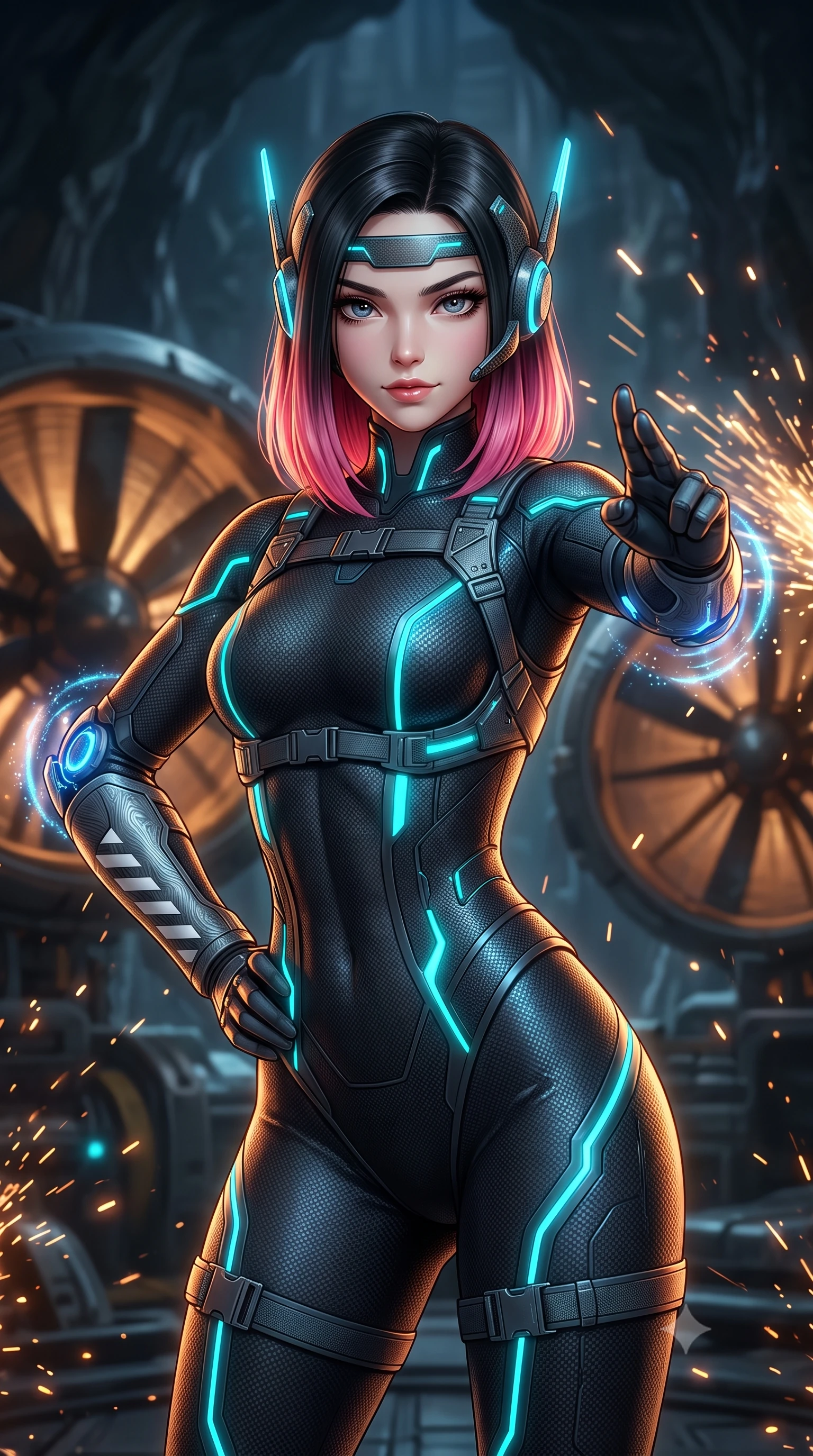 score_9, masterpiece, best quality, ultra-detailed, high-budget anime keyframe, semi-realistic 3D game render, editorial fashion photography, tasteful artistic composition, Korean woman. close-up cowboy shot from the waist and thighs up, the character dominates the composition, filling the frame with her large presence. twisting her upper body in a dynamic S-curve martial arts stance, cybernetic elbow dampers glowing with blue energy as she aims a focused palm strike while resting one hand on her hip with a haughty, captivating battle smirk as giant exhaust turbines turn slowly overhead. The composition keeps background elements in soft focus with creamy bokeh. sparkling sonar pulse rings and grinding metal sparks scattering light motes across a dark cavern backdrop. She has an exceptionally elegant, slender, and willowy female figure with an ultra-slim waist, a gracefully sculpted slender torso, toned flat midriff, and a refined slim silhouette. sharp v-shaped jawline, high-bridge nose, intricate jewel-like eyes with depth, thick eyelashes, glossy lips with a natural sheen, fierce and resolute heroine expression, flawlessly proportioned anatomical accuracy, strict slender model proportions, natural body alignment, perfectly sculpted long slender limbs, ultra-slim waistline, clean dynamic posture without body distortion. wearing a lightweight carbon-fiber tactical sensory headpiece with glowing cyan ear-antennae and an ultra-thin forehead HUD brow-band, paired with a skin-tight dark carbon-weave combat bodysuit with glowing neon energy conduits and reinforced Damascus-pattern forearm strike guards in storm-grey carbon mesh with high-contrast white hazard stripes, crafted from ultra-strong woven carbon-fiber composite with battle-tested satin luster, reinforced by a heavy-duty titanium tactical harness and glowing micro-energy status straps, the sleek second-skin cut tightly hugging her graceful clavicle, narrow waist, and feminine curves with athletic precision. bathed in atmospheric amber emergency lighting and pulsing cyan sonar crown glow. rich saturated anime colors with glowing neon highlights, detailed shading with soft gradients, rich glossy textures, high-contrast stereoscopic depth, volumetric dynamic lighting, master piece, 9:16 ratio