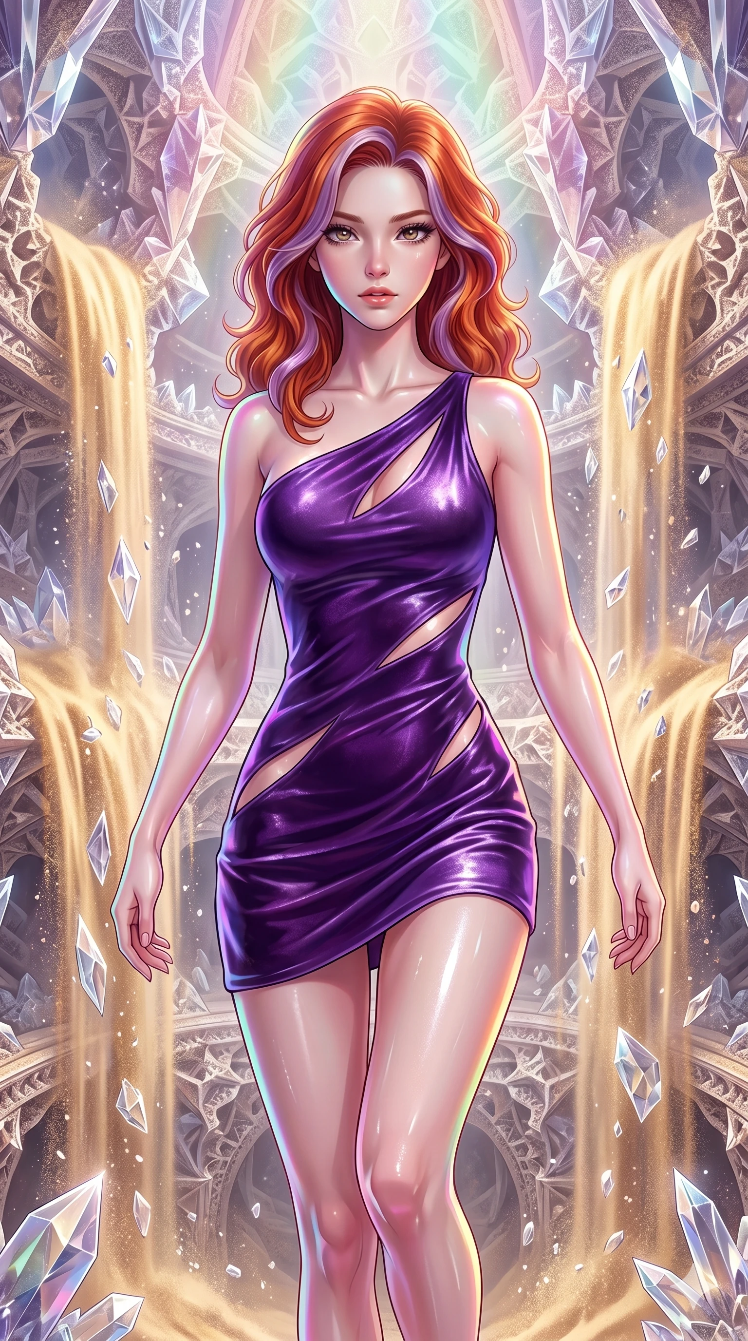 score_9, masterpiece, best quality, ultra-detailed, high-budget anime keyframe, Caucasian woman, strictly human ears. upper body close-up from the thighs up, character filling the screen for maximum presence. descending through a fractal quicksand temple where golden sand waterfalls transform into glass crystals, revealing intricate repeating patterns. She has an absolutely perfect 8-heads proportion, an exceptionally tall and slender female figure with impossibly long slender legs and an ultra-slim waist. V-shaped jawline, high-bridge nose, intricate jewel-like eyes with depth, thick eyelashes, glossy lips with a natural sheen.. wearing an asymmetric liquid velvet slip dress, featuring a wet-look deep purple velvet one-shoulder mini slip with slanted slashed cutouts. enhanced by a luminous pastel spectrum glow, casting elegant rim lights on her shoulders and jawline. 2k, ultra detail, master piece, 9:16 ratio