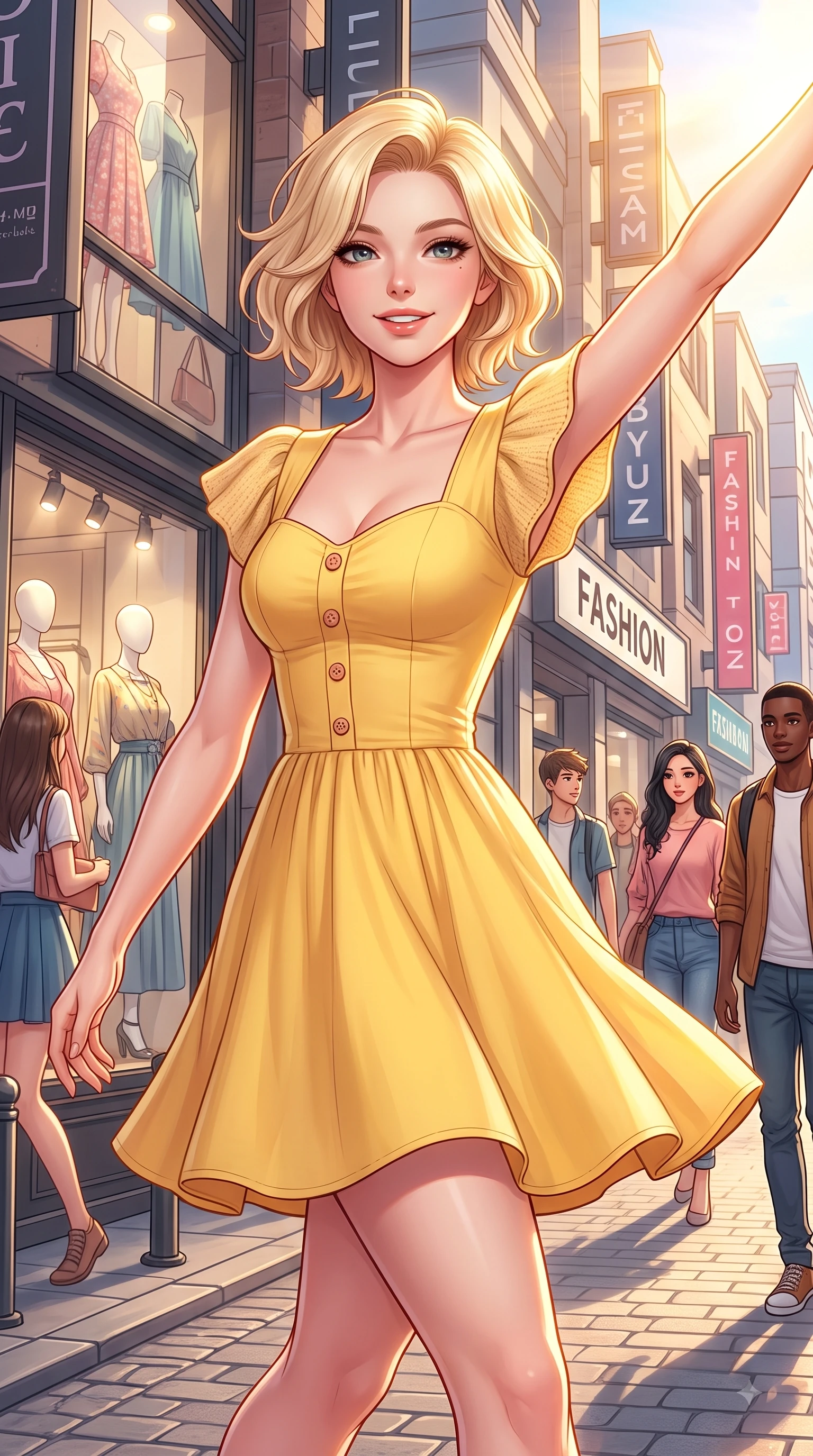 score_9, masterpiece, best quality, ultra-detailed, high-budget anime keyframe, editorial fashion photography, tasteful artistic composition, Caucasian woman. close-up cowboy shot from the waist and thighs up, the character dominates the composition, filling the frame with her large presence. Extending one arm in an elegant stretch toward the light while smiling with vibrant, youthful self-assurance while pivoting in a stylish stride under bright sunbeams on a bustling college town fashion avenue. The surrounding environment is rendered in vivid detail and crisp panoramic clarity. intricate fashion window displays, trendy signage, and urban street textures in deep focus. She has an exceptionally elegant, slender, and willowy female figure with an ultra-slim waist, a gracefully sculpted slender torso, and a refined silhouette. sharp v-shaped jawline, high-bridge nose, intricate jewel-like eyes with depth, thick eyelashes, glossy lips with a natural sheen, flawlessly proportioned anatomical accuracy, natural body alignment, perfectly sculpted elegant limbs, clean dynamic posture without body distortion. wearing a sunny yellow cotton sundress with a sweetheart neckline and wooden button accents in peach blossom pink and warm oatmeal, knitted from soft cozy cashmere yarn, featuring elegant flutter sleeves and a graceful square neckline, the tailored casual silhouette highlighting her fresh and youthful presence. bathed in bright golden hour sunshine and warm urban ambient illumination. highly saturated vibrant anime colors, detailed shading with soft gradients, rich glossy textures, high-contrast stereoscopic depth, volumetric dynamic lighting, master piece, 9:16 ratio